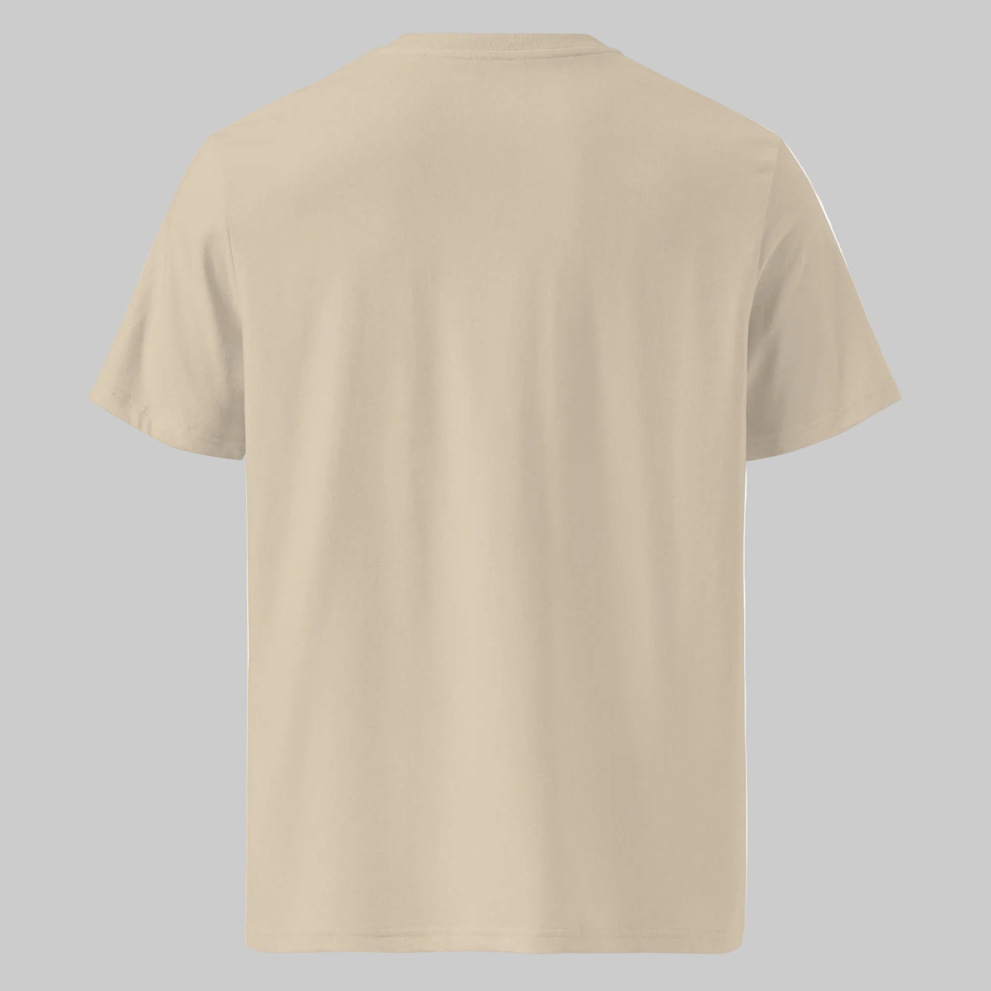 Back view of the minimalist Novapuro organic cotton tee in desert dust sand color