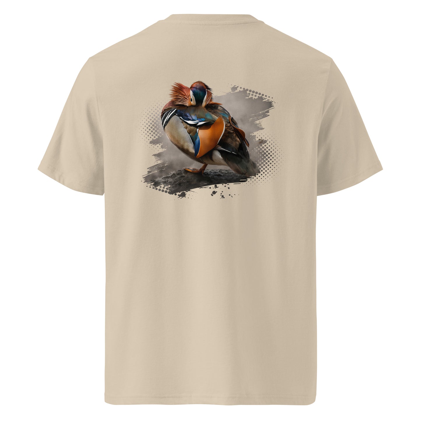Back view of the Desert Dust Novapuro organic cotton t-shirt featuring an authentic Mandarin Duck wildlife illustration by Jarno Virtanen