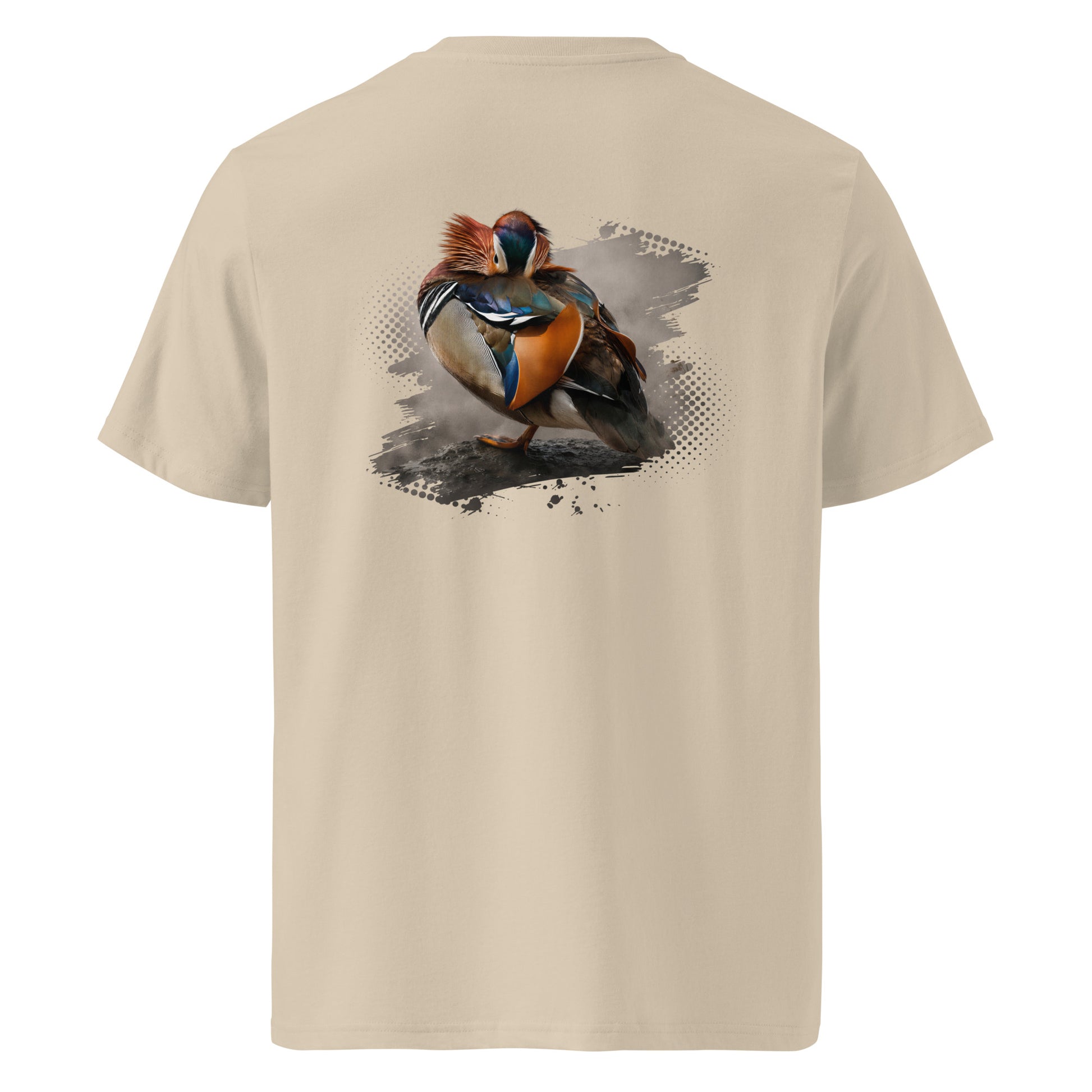 Back view of the Desert Dust Novapuro organic cotton t-shirt featuring an authentic Mandarin Duck wildlife illustration by Jarno Virtanen