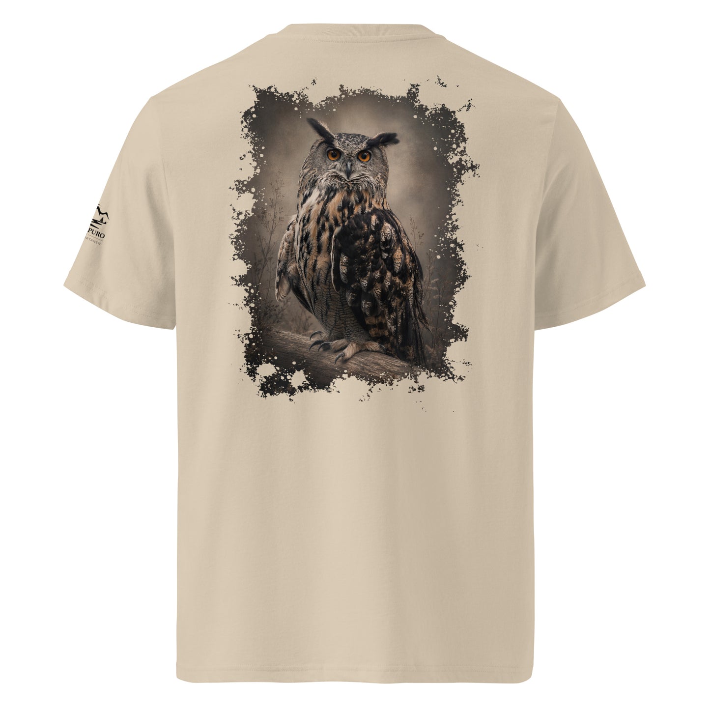 Back view of the sand-colored organic cotton t-shirt highlighting the detailed Eagle Owl wildlife photography print by Jarno Virtanen.