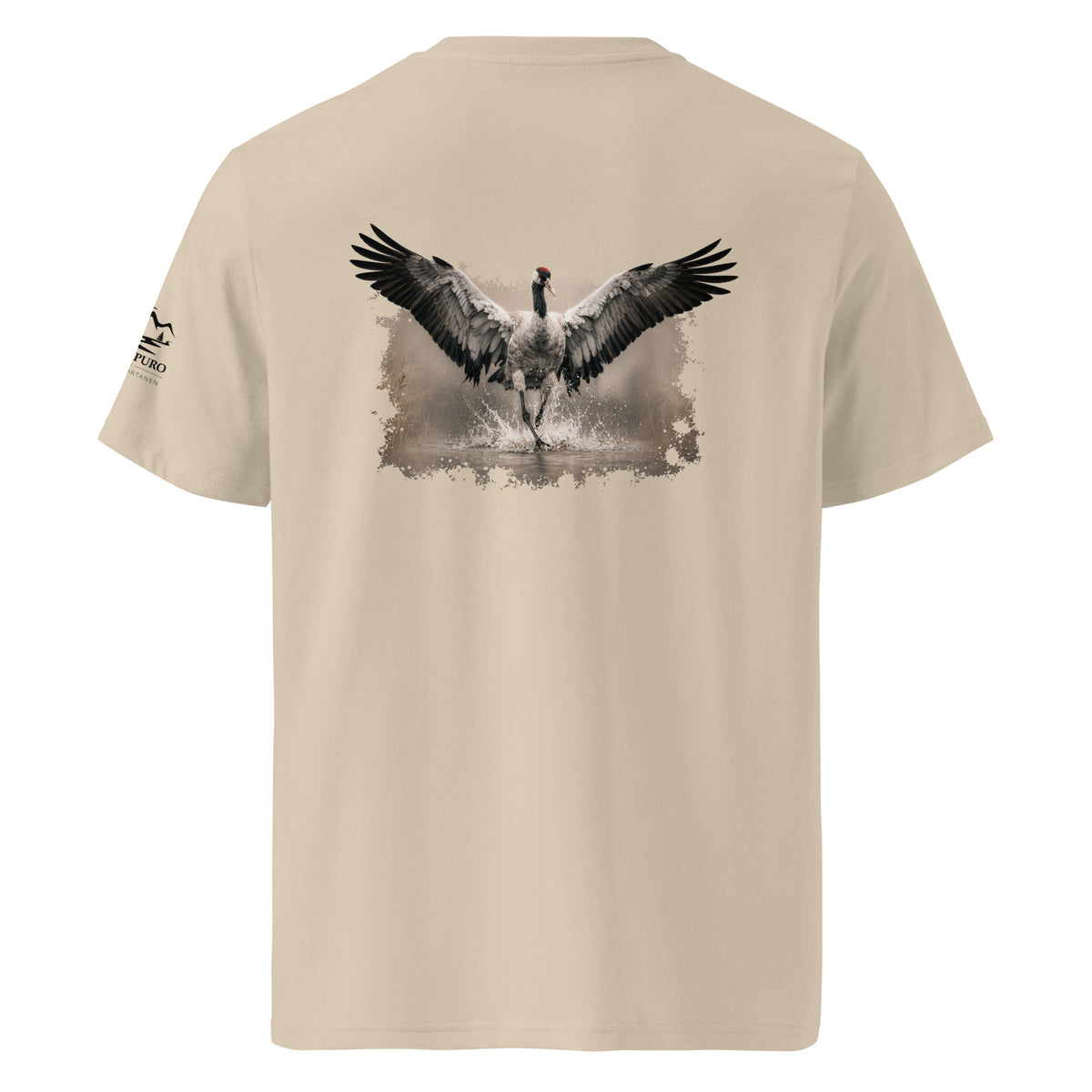 Back view of an organic ring-spun cotton t-shirt showcasing a striking Nordic crane illustration. Ethically manufactured for sustainable everyday wear.