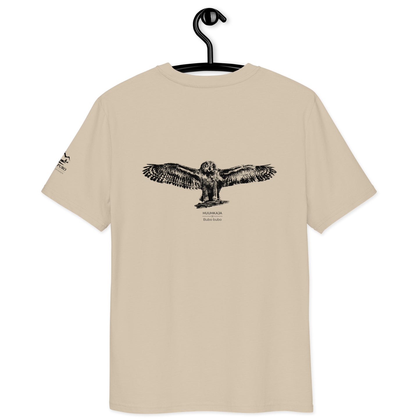 Detailed view of a premium beige eco-friendly t-shirt on a hanger, featuring a majestic Eagle Owl illustration. Made from GOTS-certified organic cotton with minimalist Scandinavian aesthetics.
