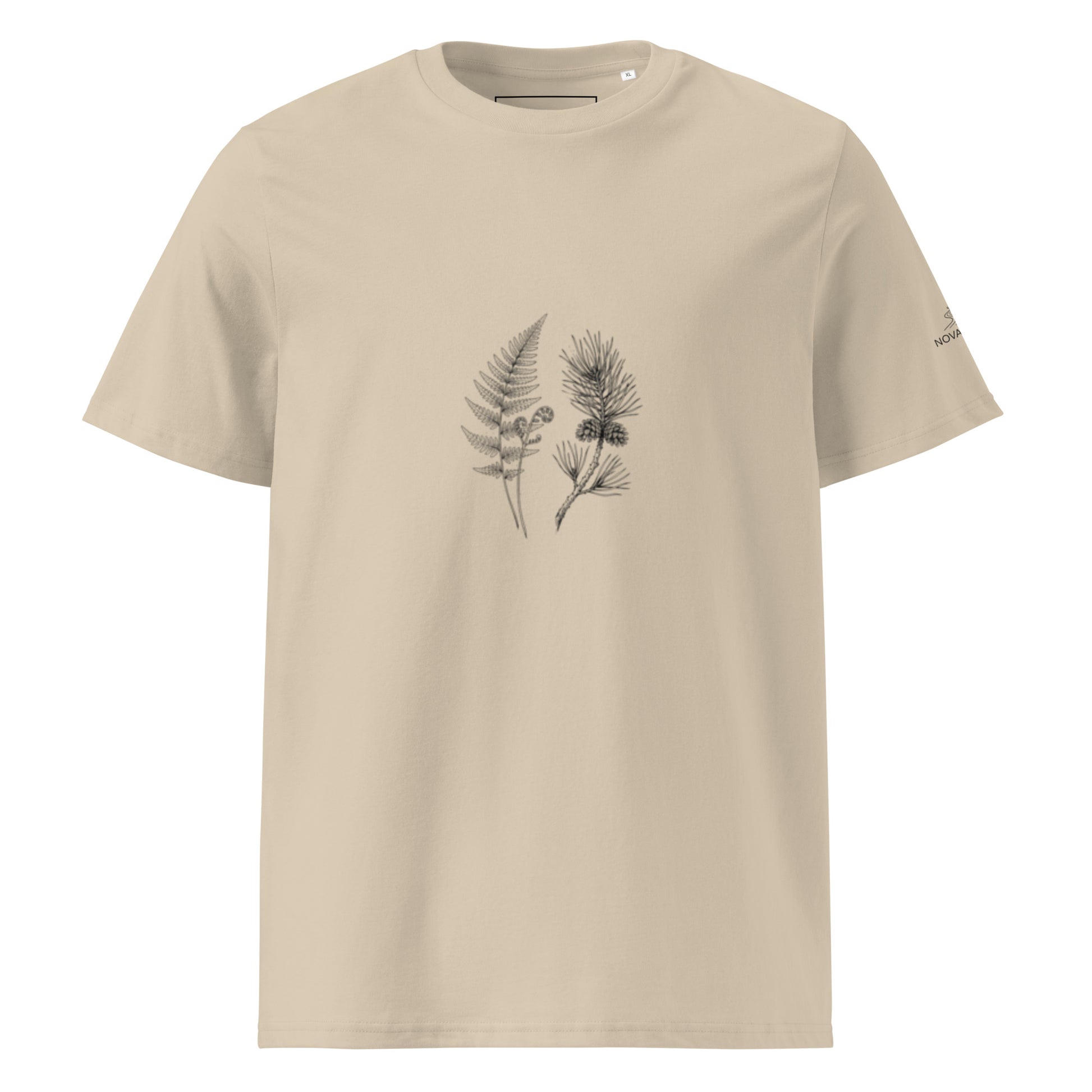 Minimalist line art illustration of a fern and pine branch on a beige Desert Dust organic cotton t-shirt, representing sustainable Nordic fashion by Novapuro.