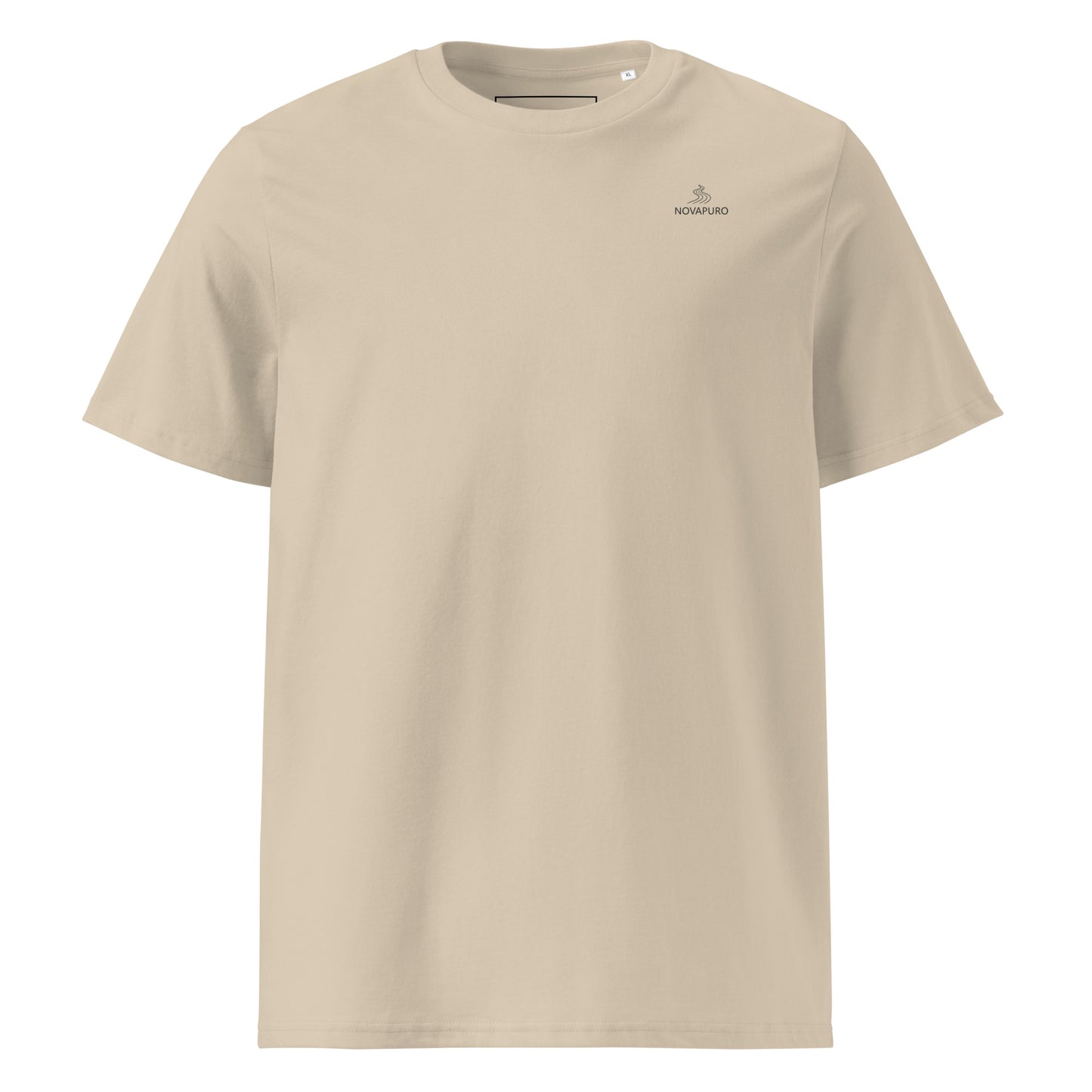 Minimalist sand-colored organic cotton t-shirt with a small Novapuro river logo on the chest