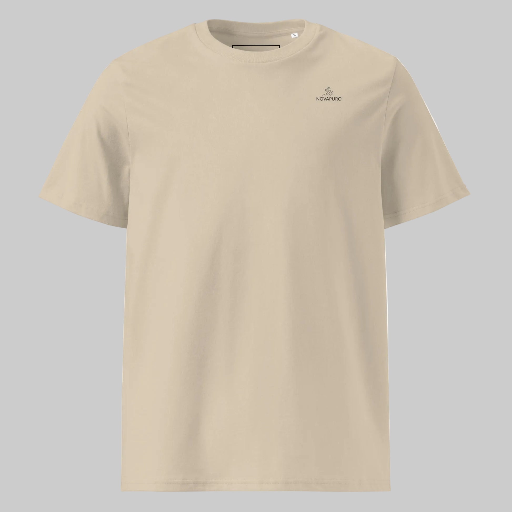 Minimalist sand-colored organic cotton t-shirt with a small Novapuro river logo on the chest