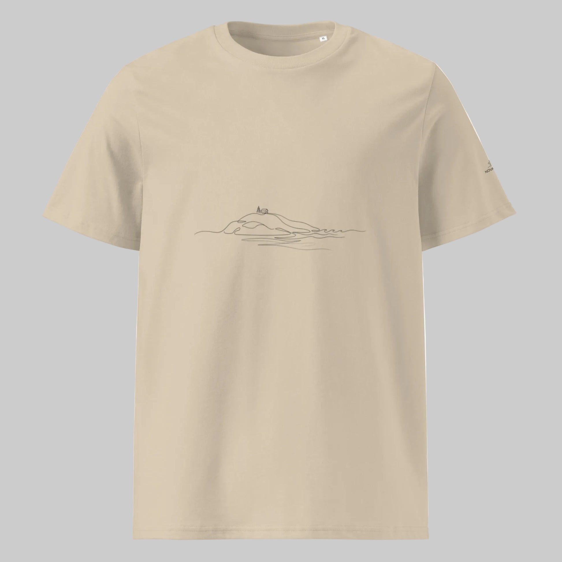 Model wearing the sandy beige Desert Dust Novapuro Archipelago Breeze organic cotton t-shirt with minimalist line art