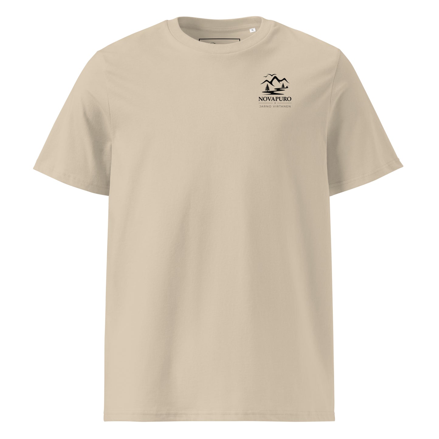 Front view of the Desert Dust Novapuro x Jarno Virtanen organic cotton eco t-shirt showing a subtle Nordic mountain emblem on the chest
