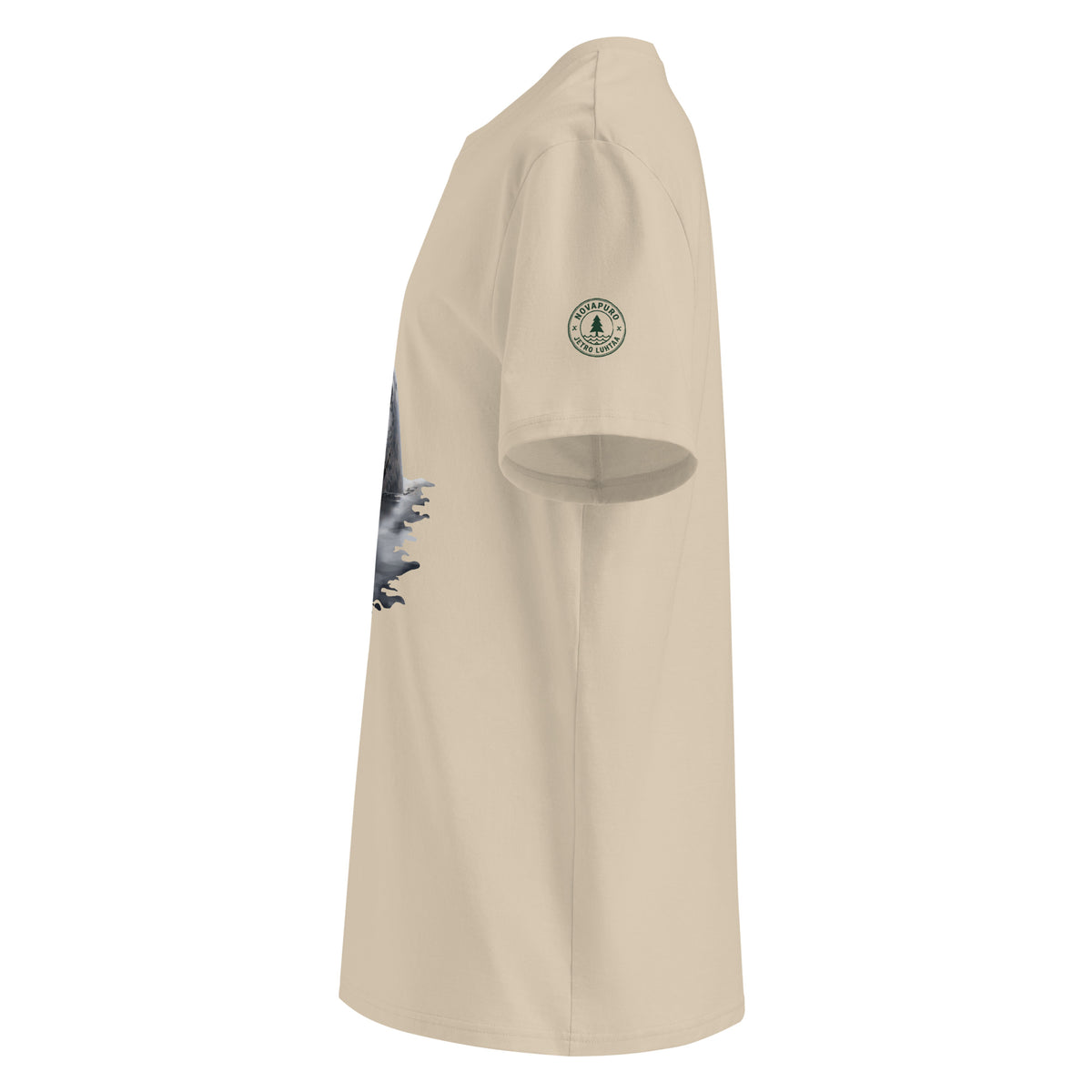 Angled side view of a sand-colored minimalist wildlife clothing tee made from eco-friendly and comfortable organic cotton.