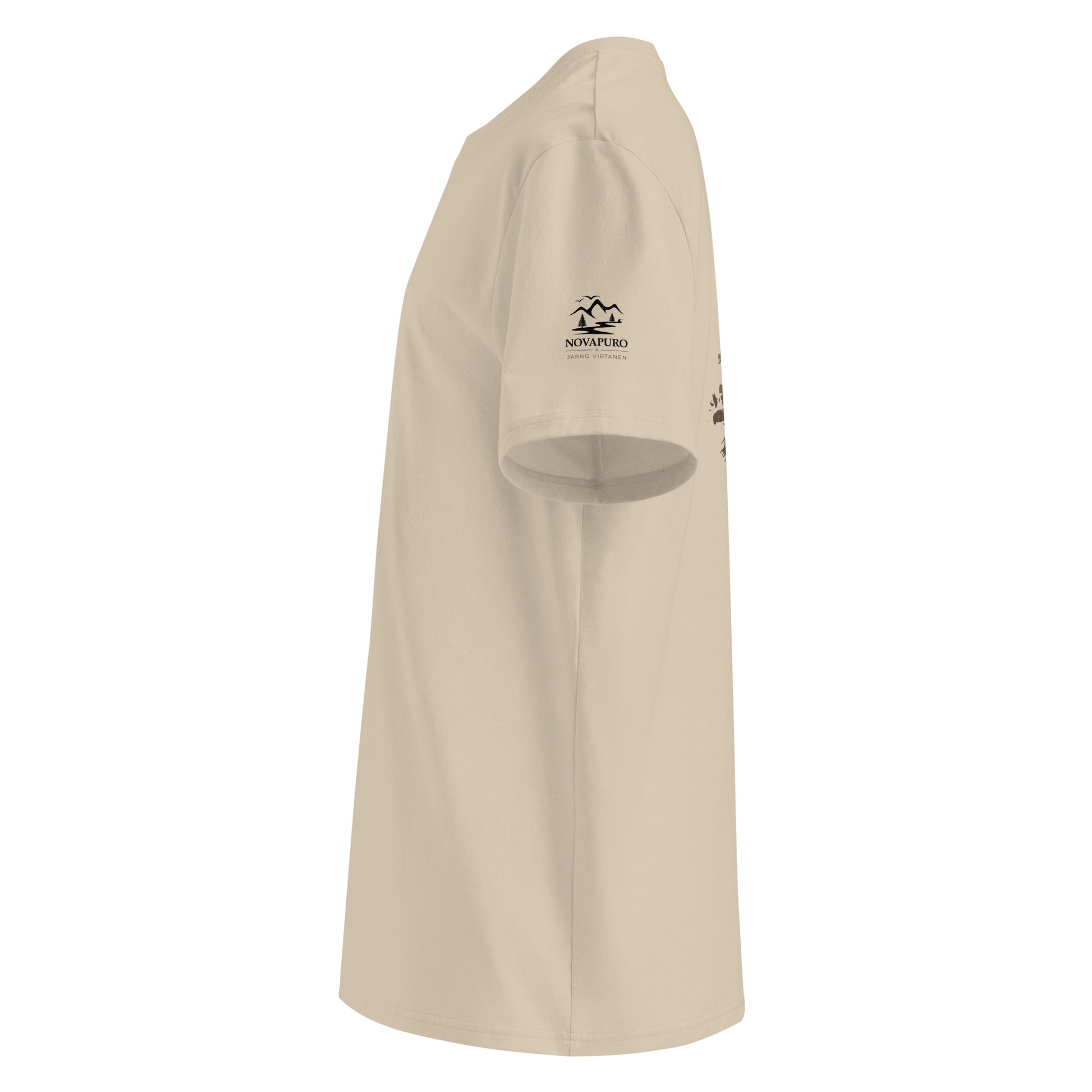 Side profile of the sand-colored organic eco t-shirt showcasing the comfortable fit and premium sustainable fabric.