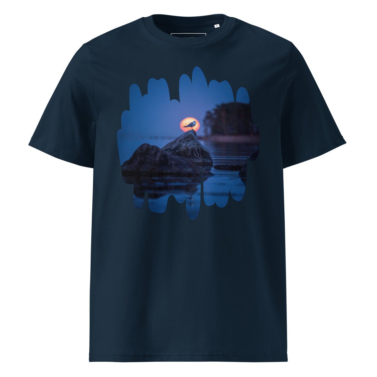 Front view of the French Navy blue sustainable organic cotton t-shirt displaying a stunning Nordic sunrise and bird silhouette print.