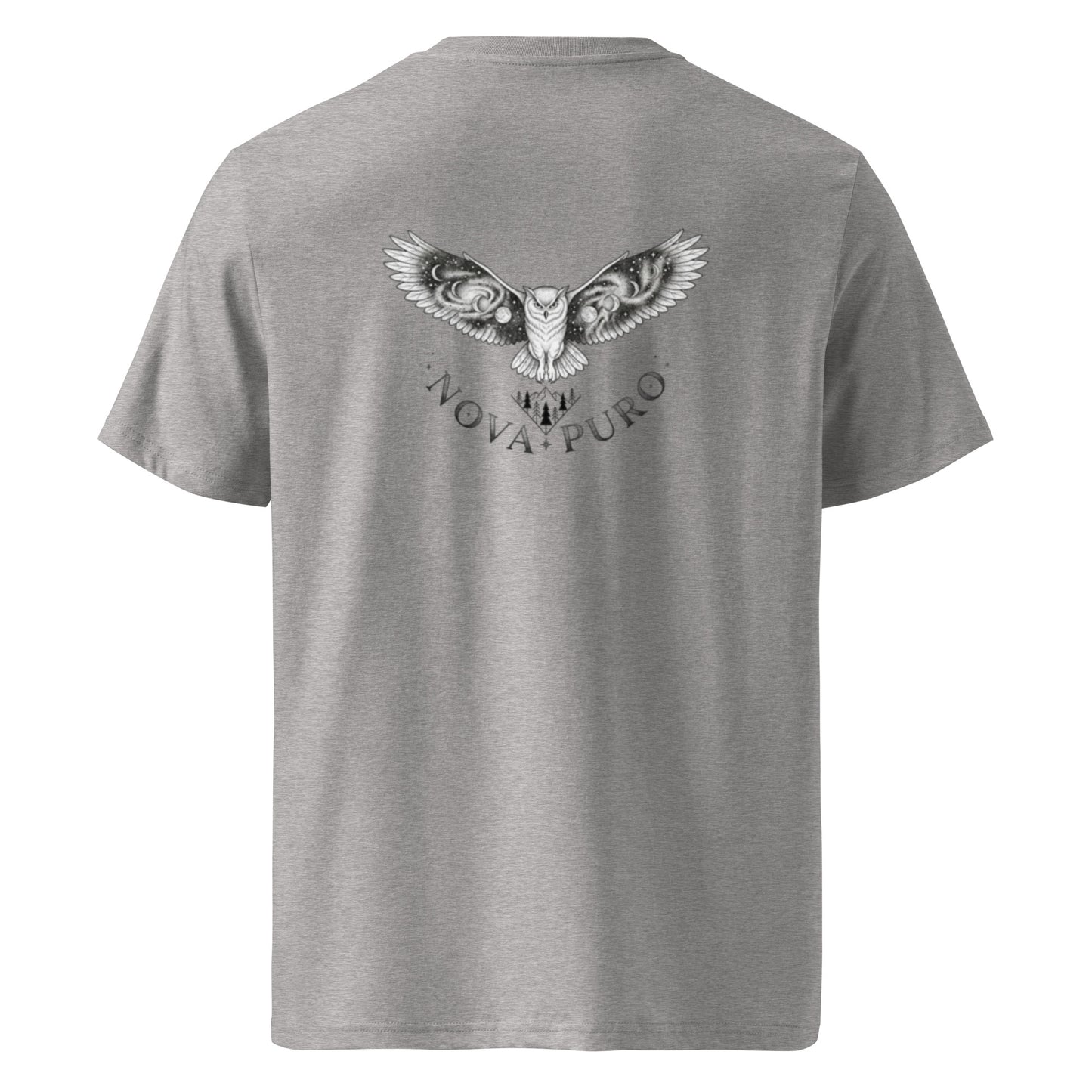 Flat lay of the grey Novapuro unisex organic t-shirt showcasing the detailed Night Owl and Nordic mountain graphic on the back.