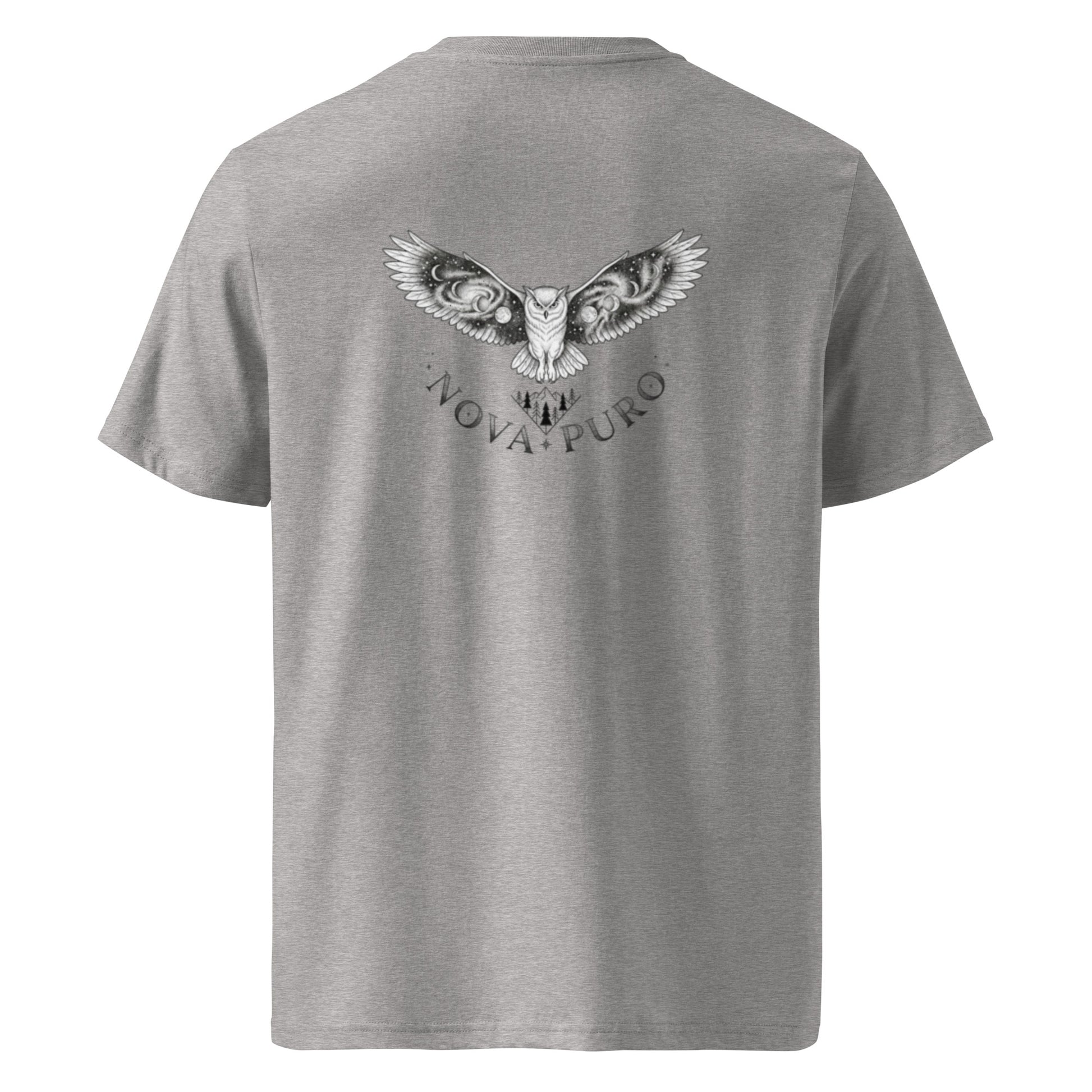 Flat lay of the grey Novapuro unisex organic t-shirt showcasing the detailed Night Owl and Nordic mountain graphic on the back.