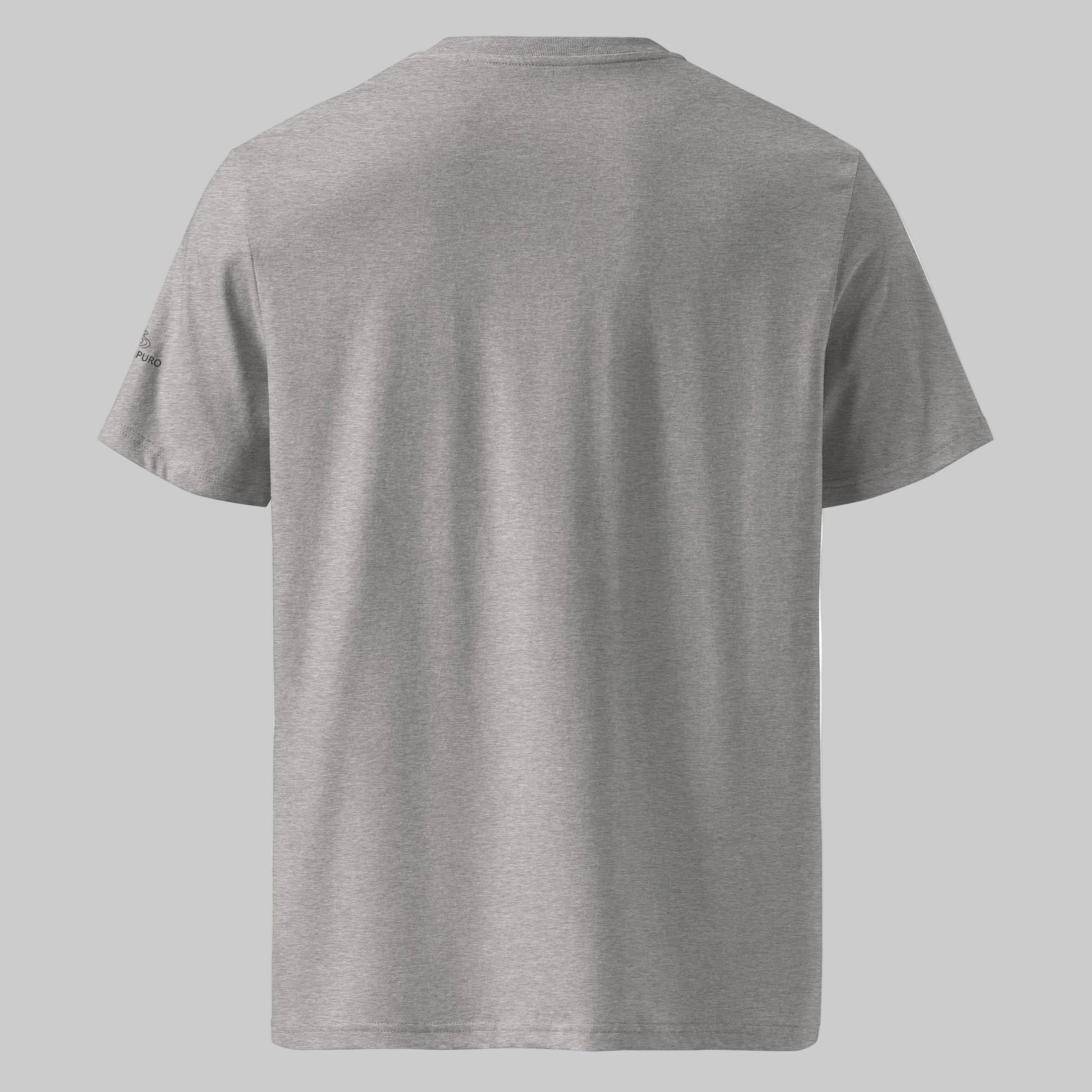A premium grey organic cotton unisex t-shirt with a nightless night and forest lake bear silhouette graphic.