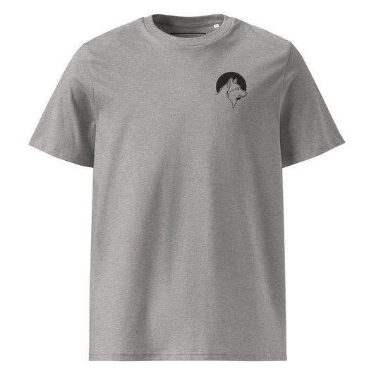 Front view of a grey sustainable organic cotton t-shirt featuring a minimalist wolf line art chest logo, representing premium Nordic design.