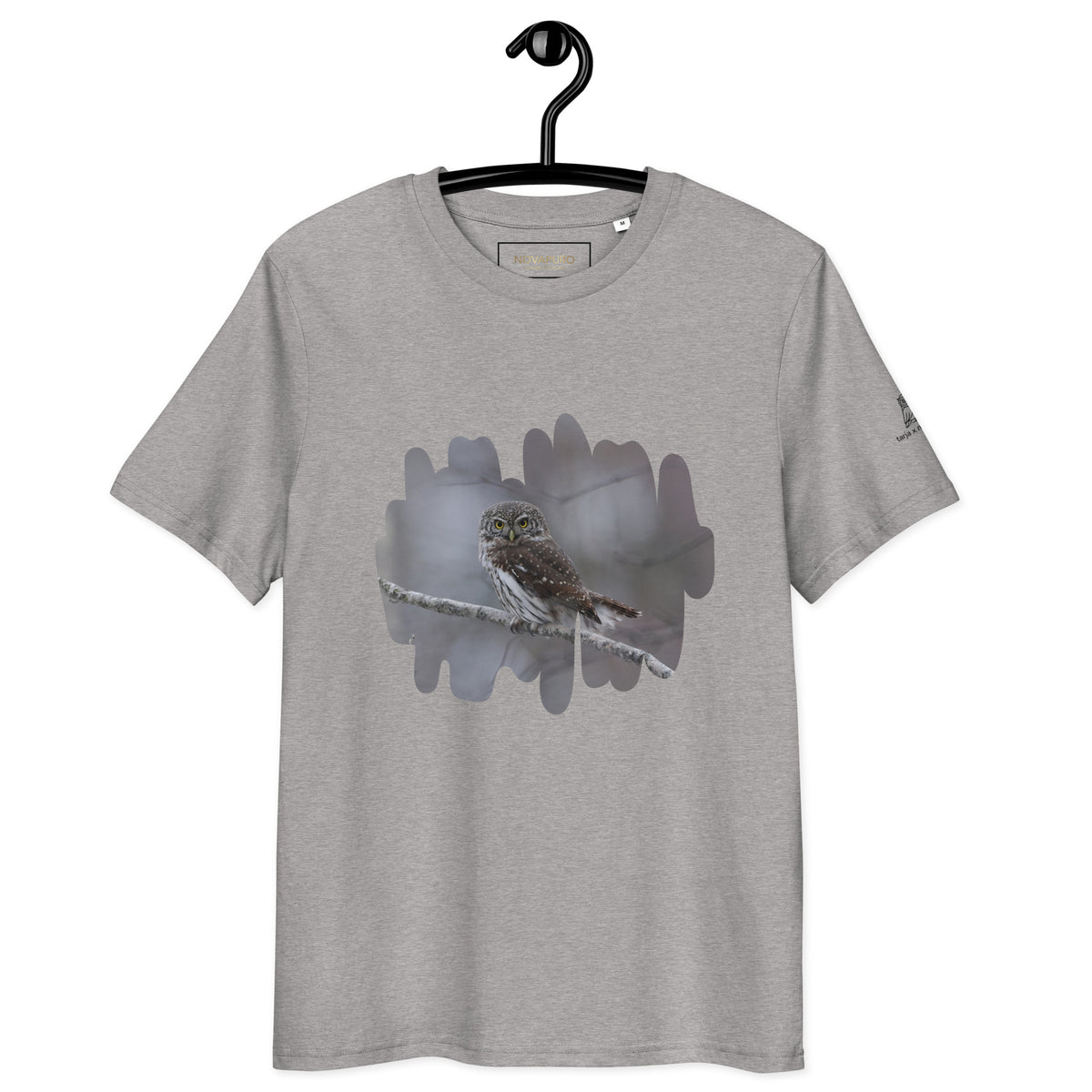 Premium grey organic cotton t-shirt featuring a fine art nature photograph of a Nordic Eurasian Pygmy Owl from the Tarja x Novapuro collection.