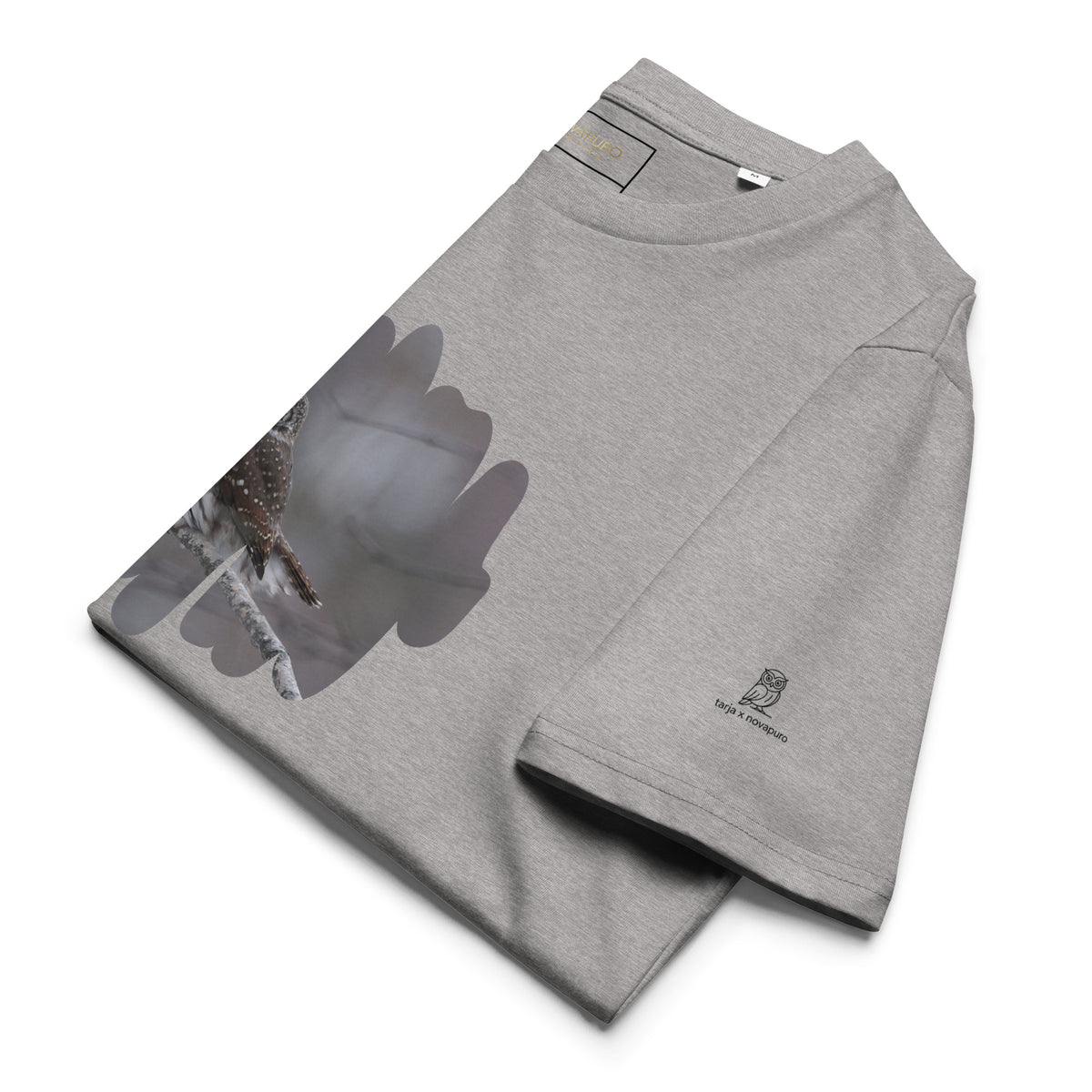 Premium grey organic cotton t-shirt featuring a fine art nature photograph of a Nordic Eurasian Pygmy Owl from the Tarja x Novapuro collection.