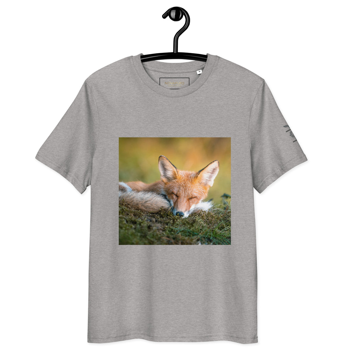 Front view of the eco-friendly unisex t-shirt in grey, showcasing the wildlife photography front print of a sleeping fox by Mikko Monto