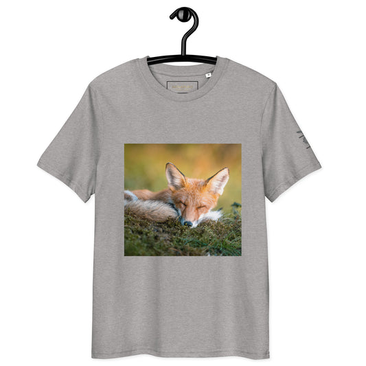 Front view of the eco-friendly unisex t-shirt in grey, showcasing the wildlife photography front print of a sleeping fox by Mikko Monto