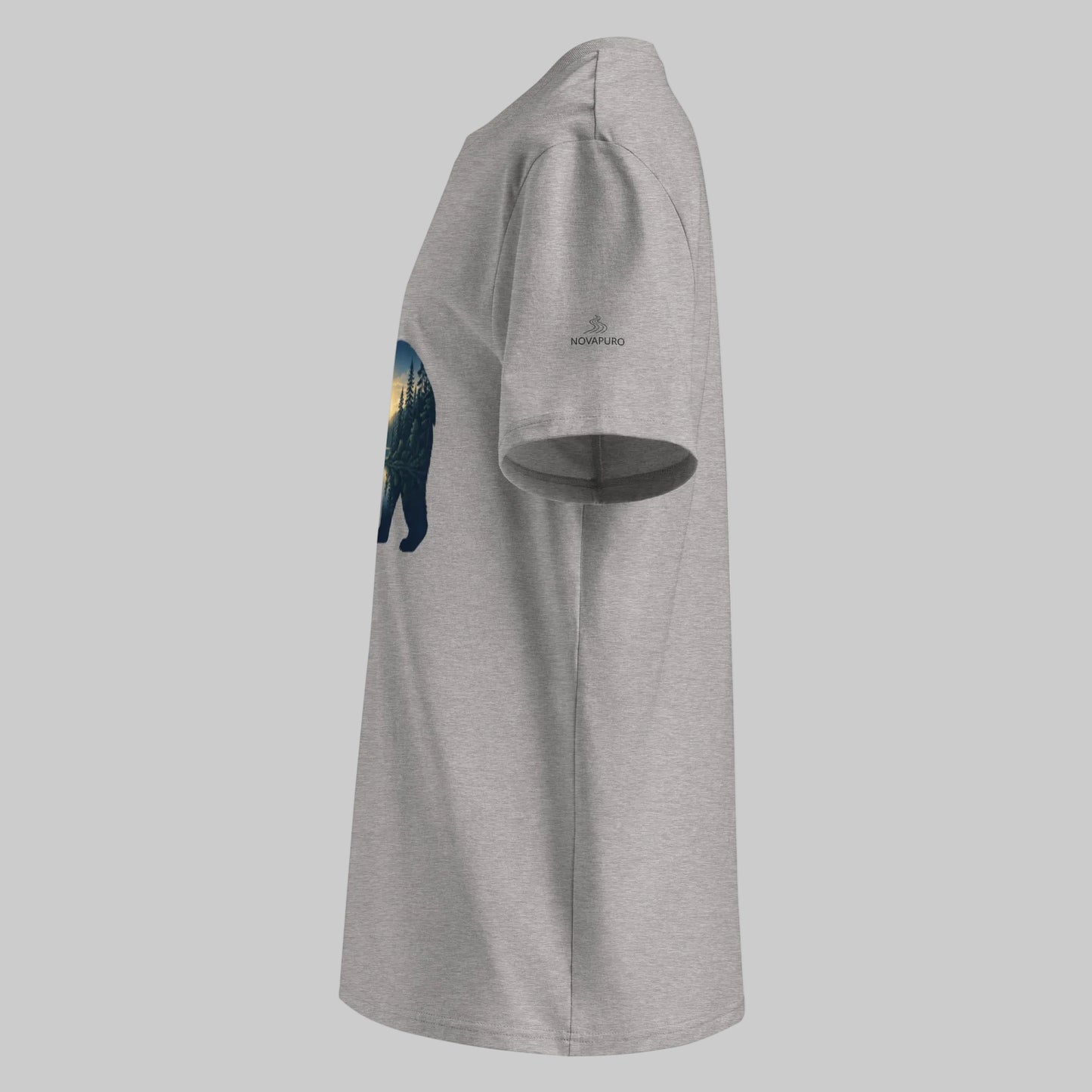 A premium grey organic cotton unisex t-shirt with a nightless night and forest lake bear silhouette graphic.