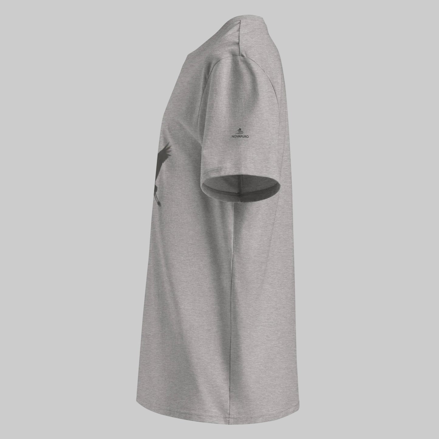 Flat lay of the heather grey Novapuro soaring bird minimalist organic t-shirt.