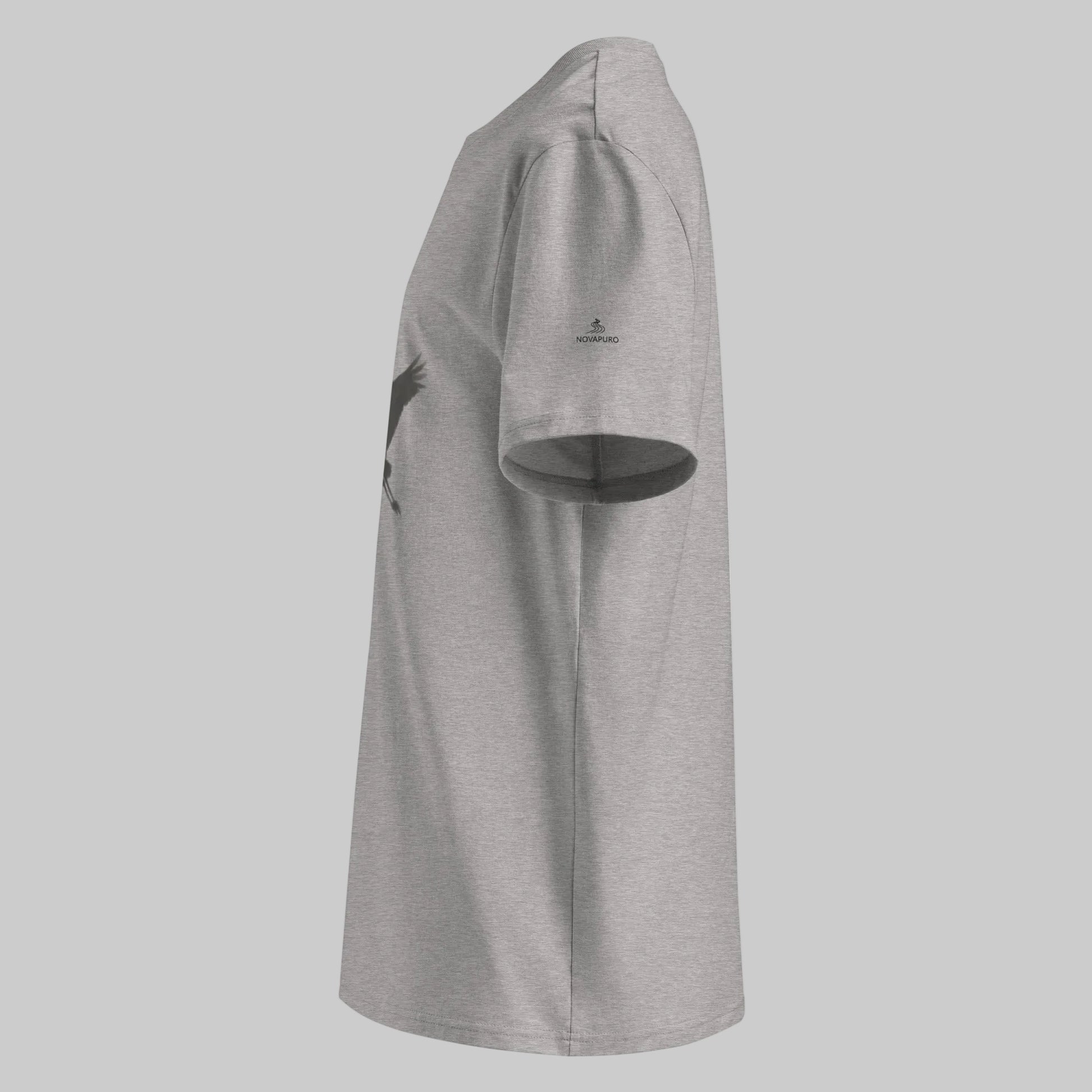 Flat lay of the heather grey Novapuro soaring bird minimalist organic t-shirt.