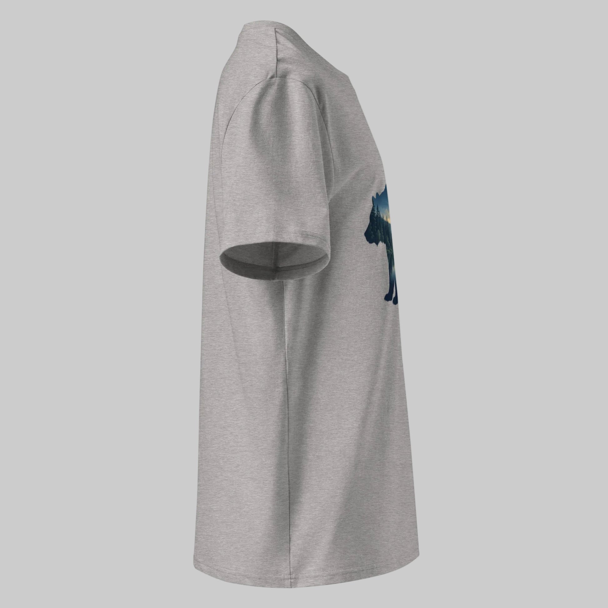 A premium grey organic cotton unisex t-shirt with a nightless night and forest lake bear silhouette graphic.