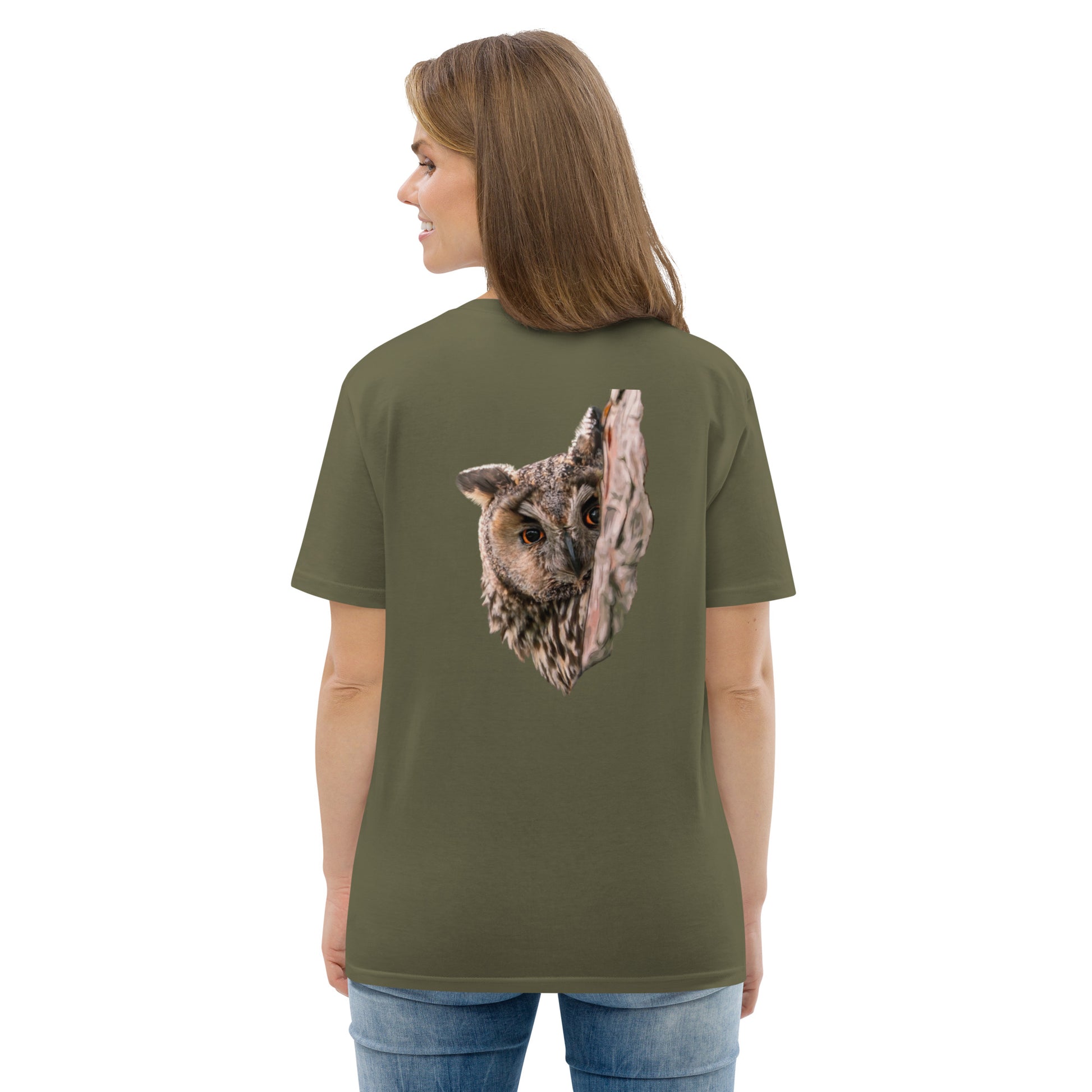 Front view of a model wearing a khaki organic t-shirt featuring a stippling art print of a Long-eared Owl by Mikko Monto.