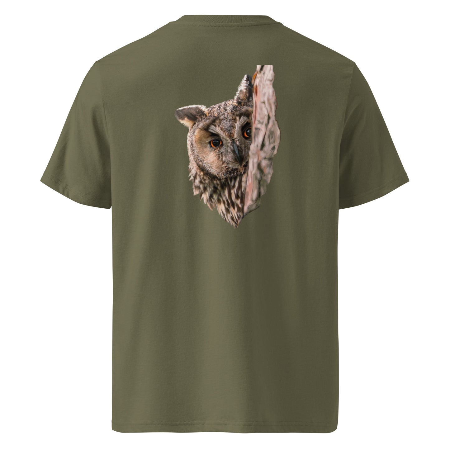 Back view of the khaki organic t-shirt from the Mikko Monto x Novapuro collection.