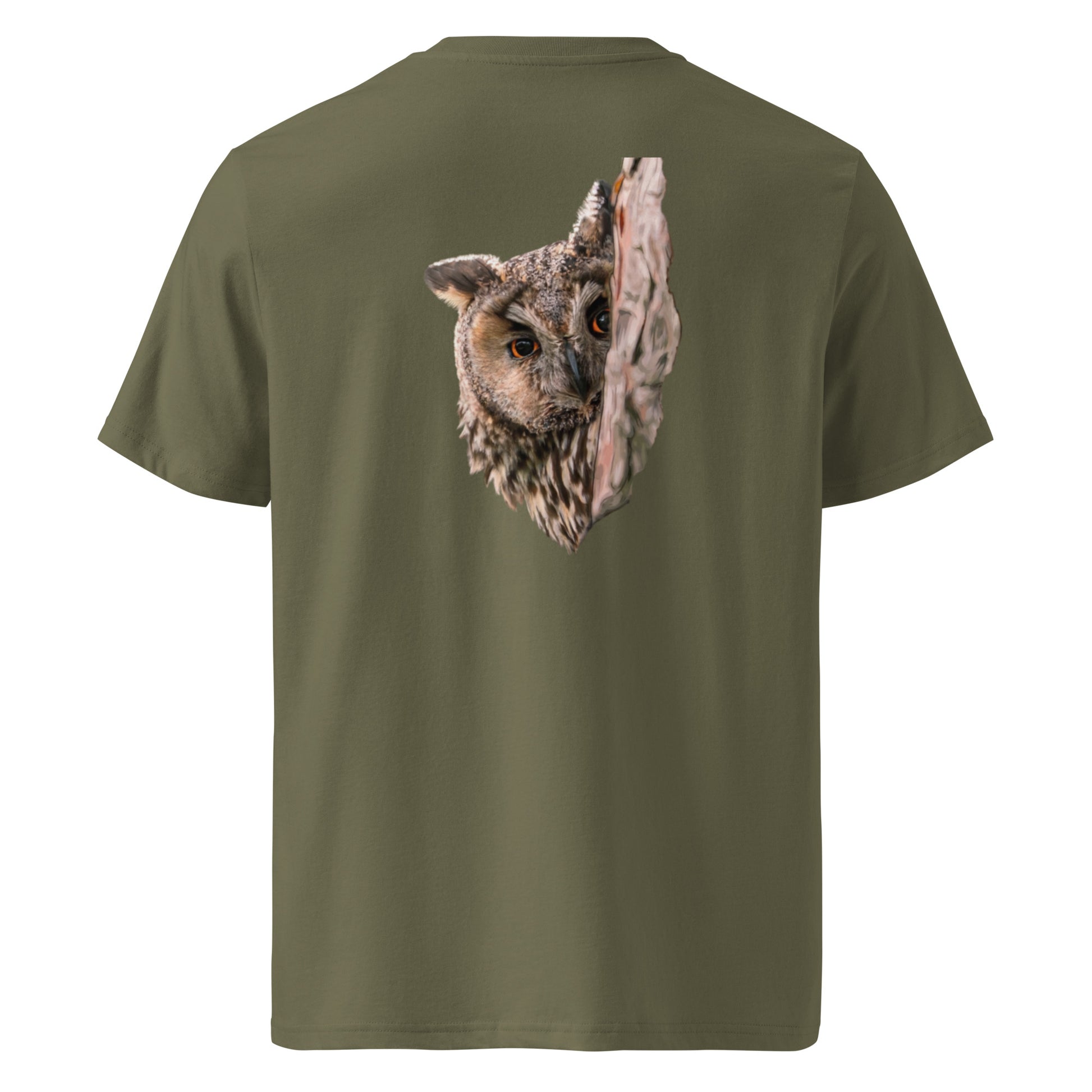 Back view of the khaki organic t-shirt from the Mikko Monto x Novapuro collection.