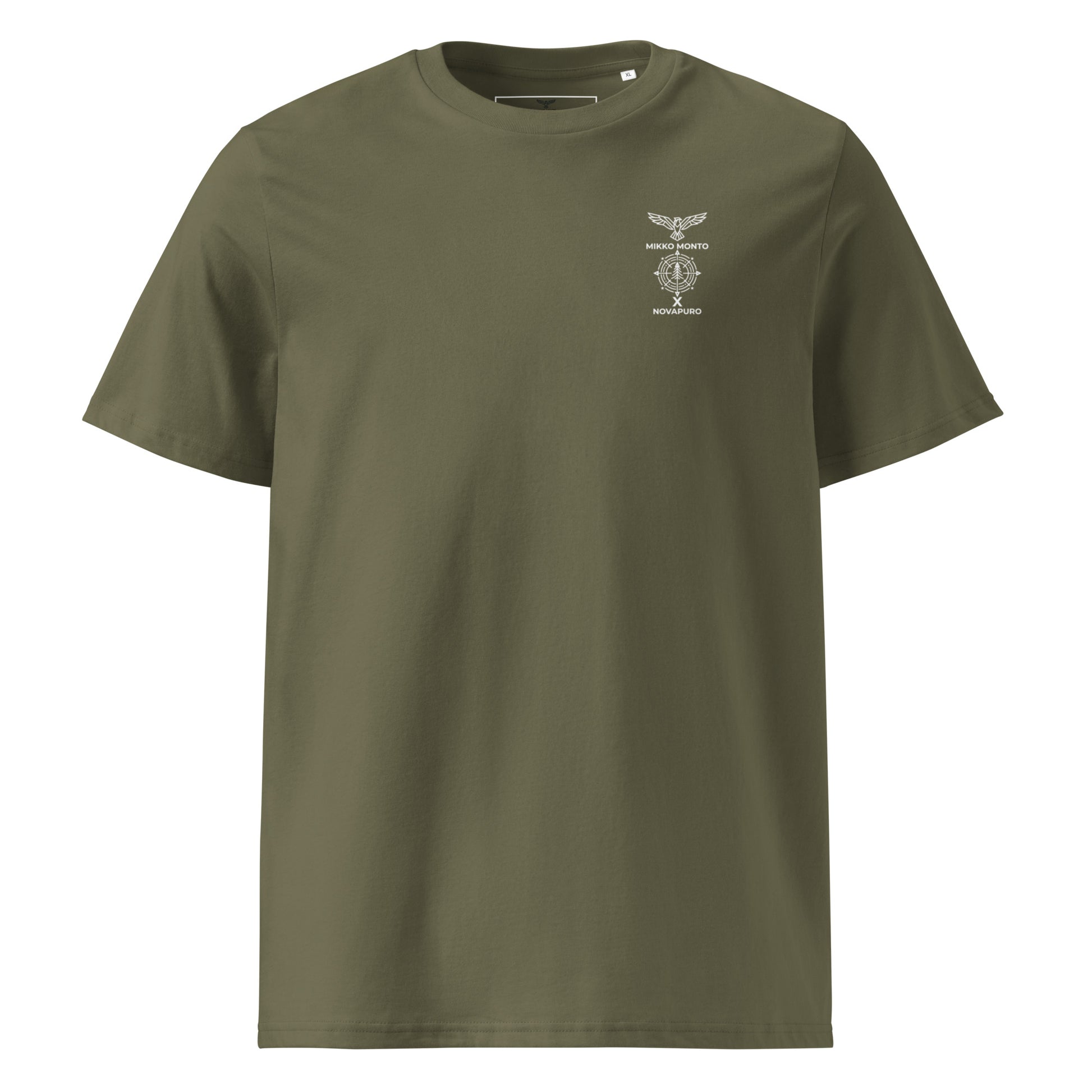 Front view of a khaki green organic t-shirt with a small Novapuro x Mikko Monto collaboration logo on the chest.