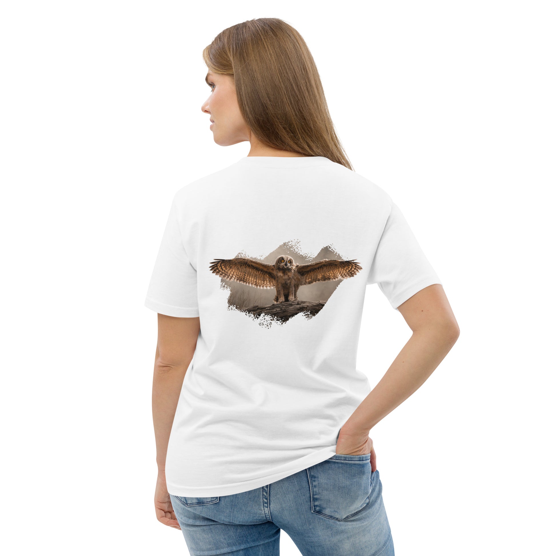 Woman wearing a white Novapuro x Jarno Virtanen organic cotton t-shirt featuring a detailed Eurasian Eagle-Owl fledgling artwork on the back, studio shot