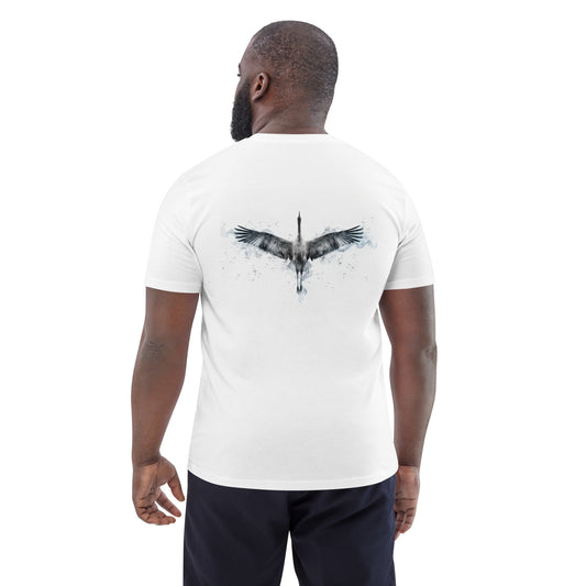 Male model wearing a white Novapuro organic cotton t-shirt with a minimalist flying crane charcoal sketch on the back.