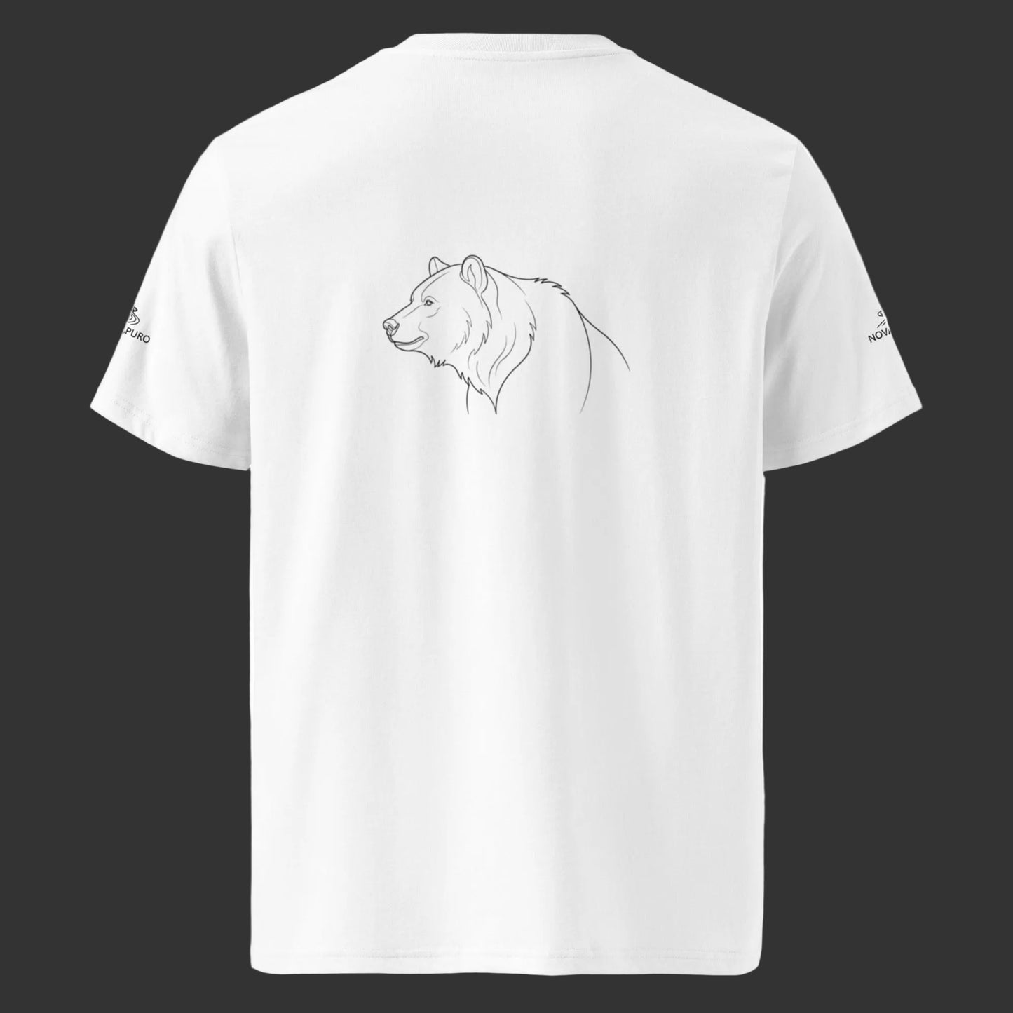 A premium heavy white organic cotton t-shirt featuring a black line art drawing of a Nordic bear on the back and brand logos on the sleeves.