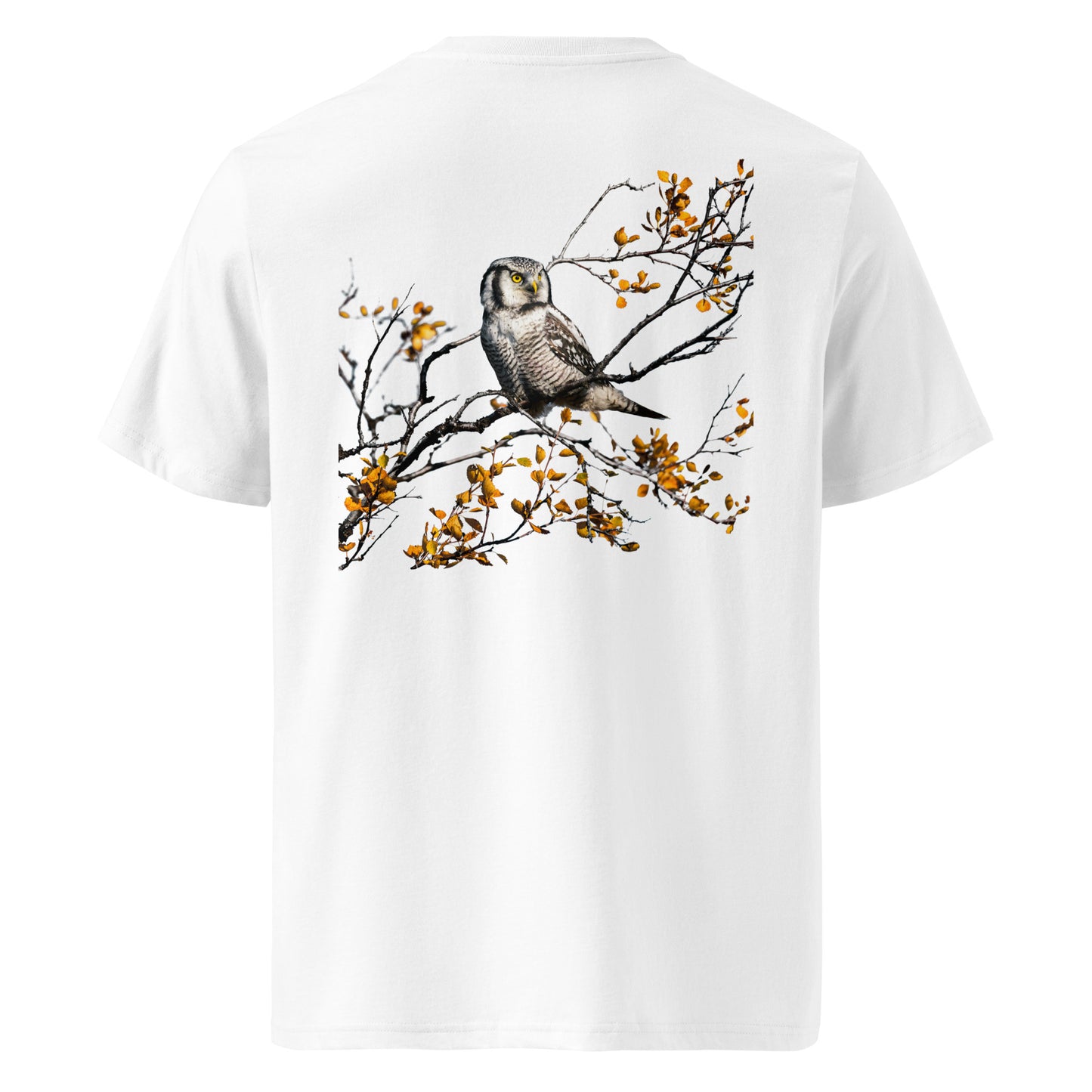 Back view of a female model wearing the white Jetro Luhtaa x Novapuro organic cotton t-shirt featuring a stunning Nordic owl back print.