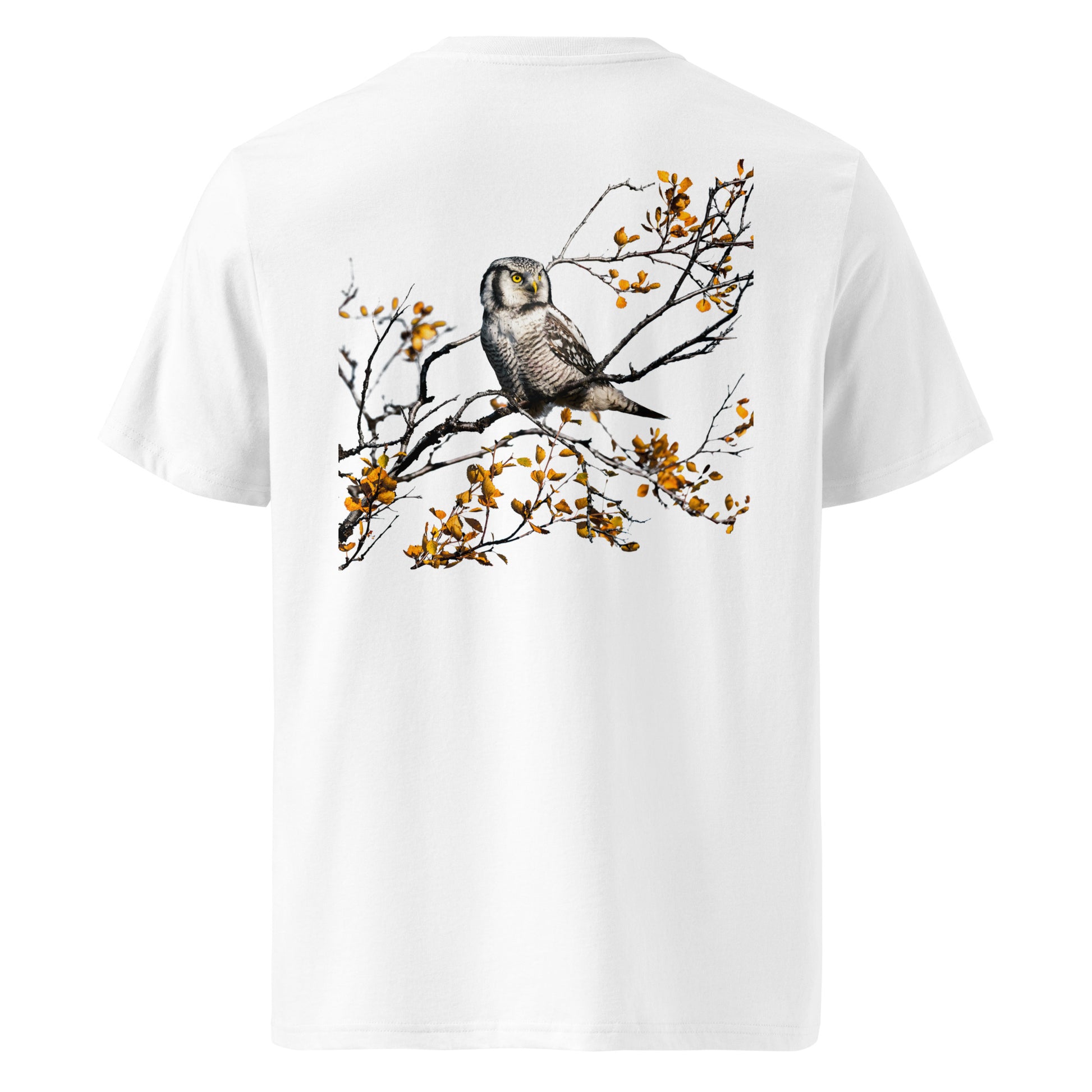 Back view of a female model wearing the white Jetro Luhtaa x Novapuro organic cotton t-shirt featuring a stunning Nordic owl back print.