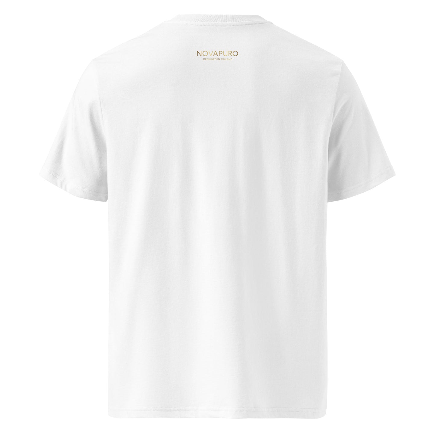 Close-up of the continuous line art camping and starry night graphic on the premium white organic cotton t-shirt.
