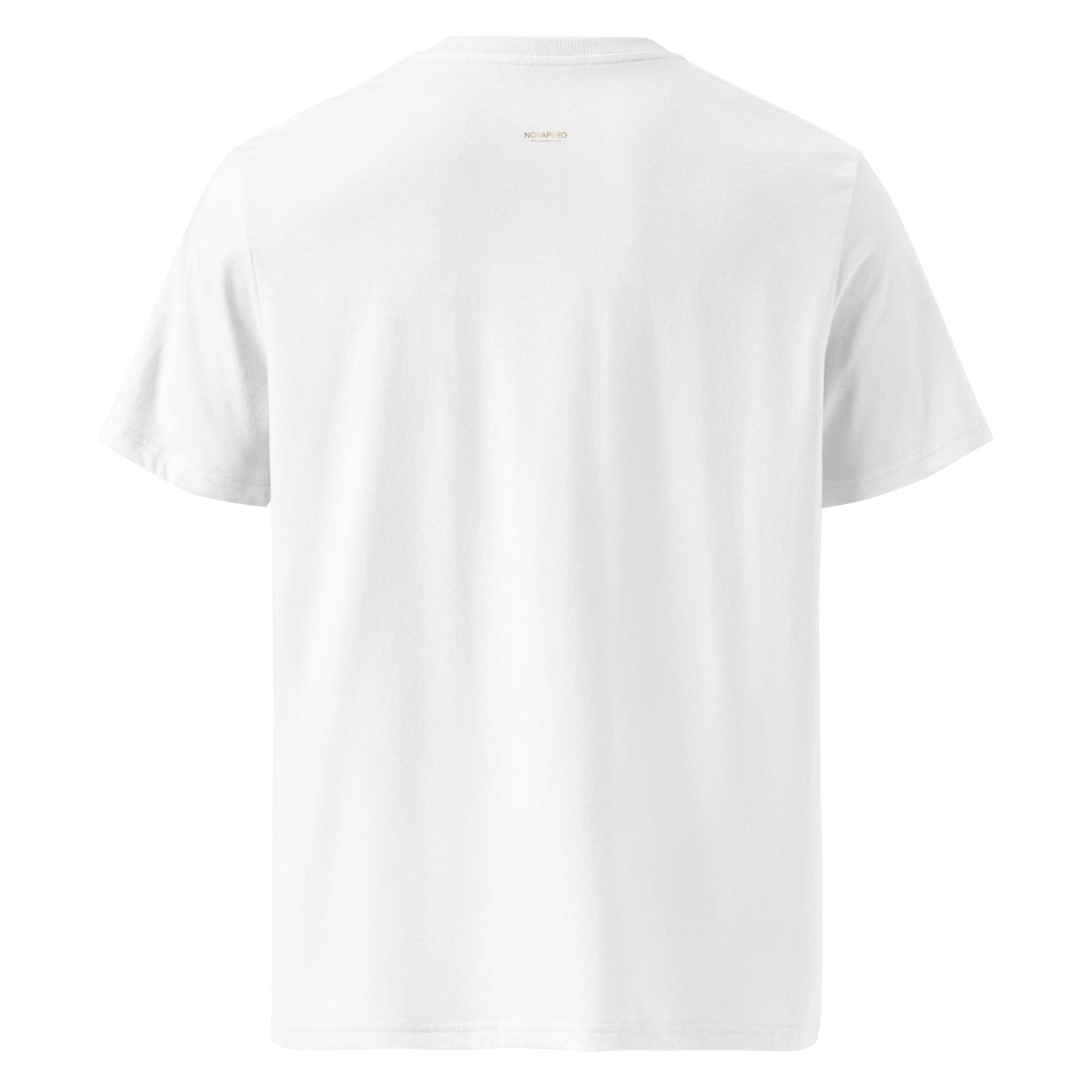 Back view of the eco-friendly Novapuro organic cotton tee featuring custom designed in Finland neck label.
