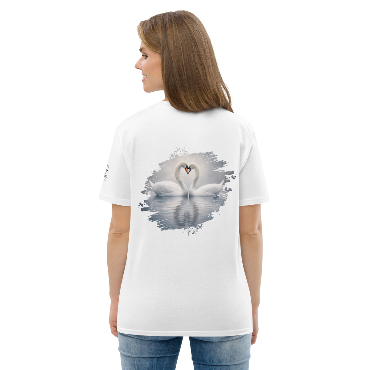Woman wearing a white Novapuro organic eco t-shirt. Part of the Jarno Virtanen Swan wildlife collection. Sustainable Nordic fashion.