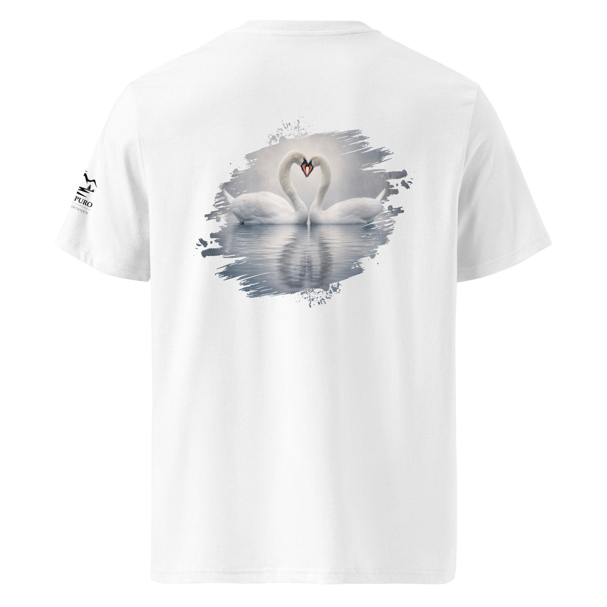 Back view of the white organic cotton t-shirt featuring an elegant Swan wildlife photograph by Jarno Virtanen.