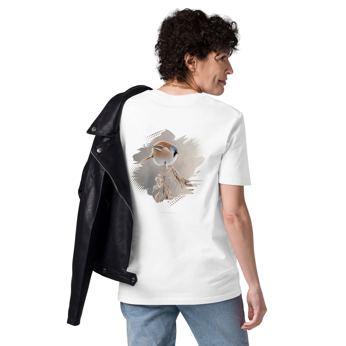 Model wearing a sustainable white organic cotton t-shirt, highlighting 'The Bearded Reedling' Nordic wildlife graphic on the back by Jarno Virtanen.