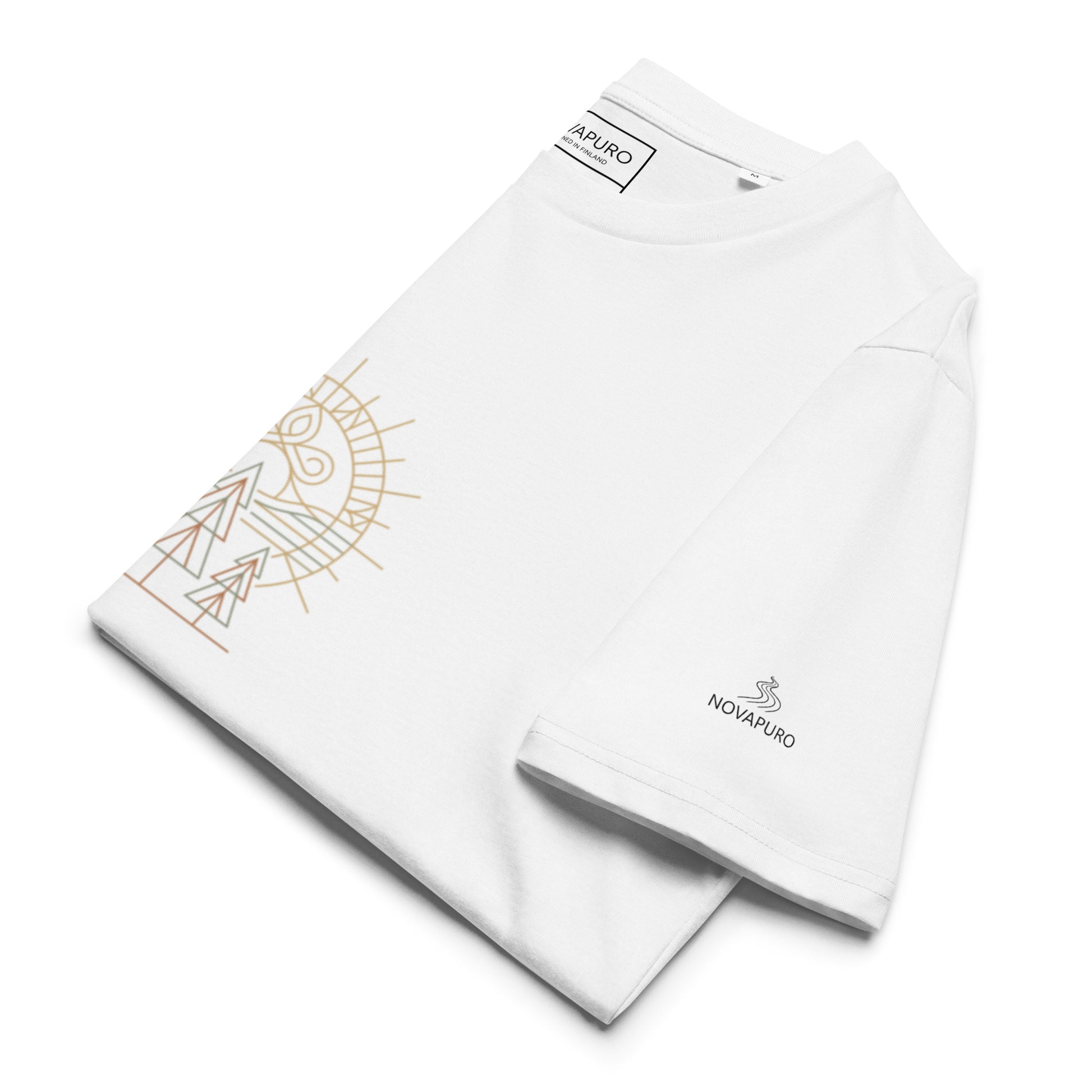 Minimalist geometric line art graphic of Nordic pine trees and a rising sun in earthy tones, used for premium organic cotton clothing.