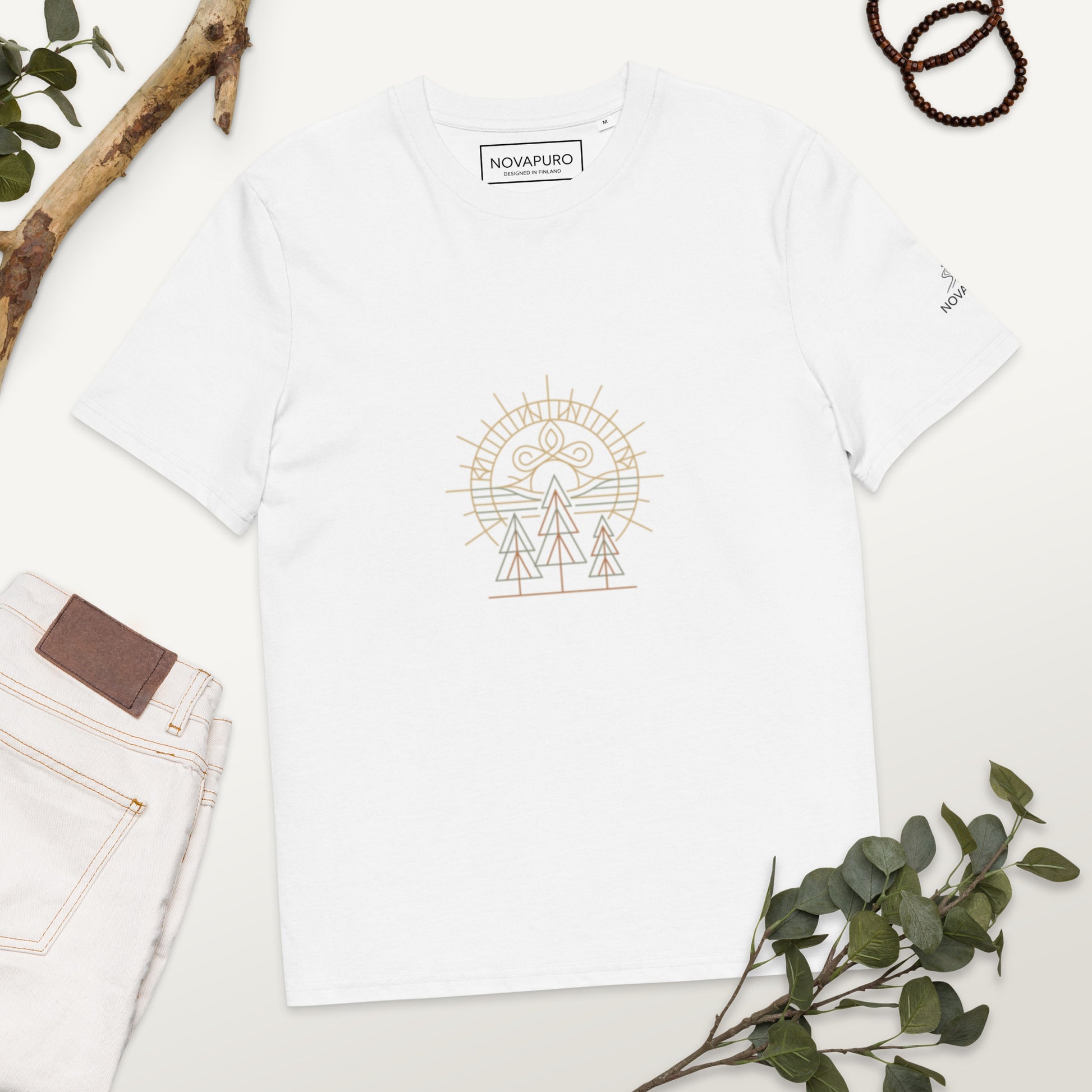 Minimalist geometric line art graphic of Nordic pine trees and a rising sun in earthy tones, used for premium organic cotton clothing.