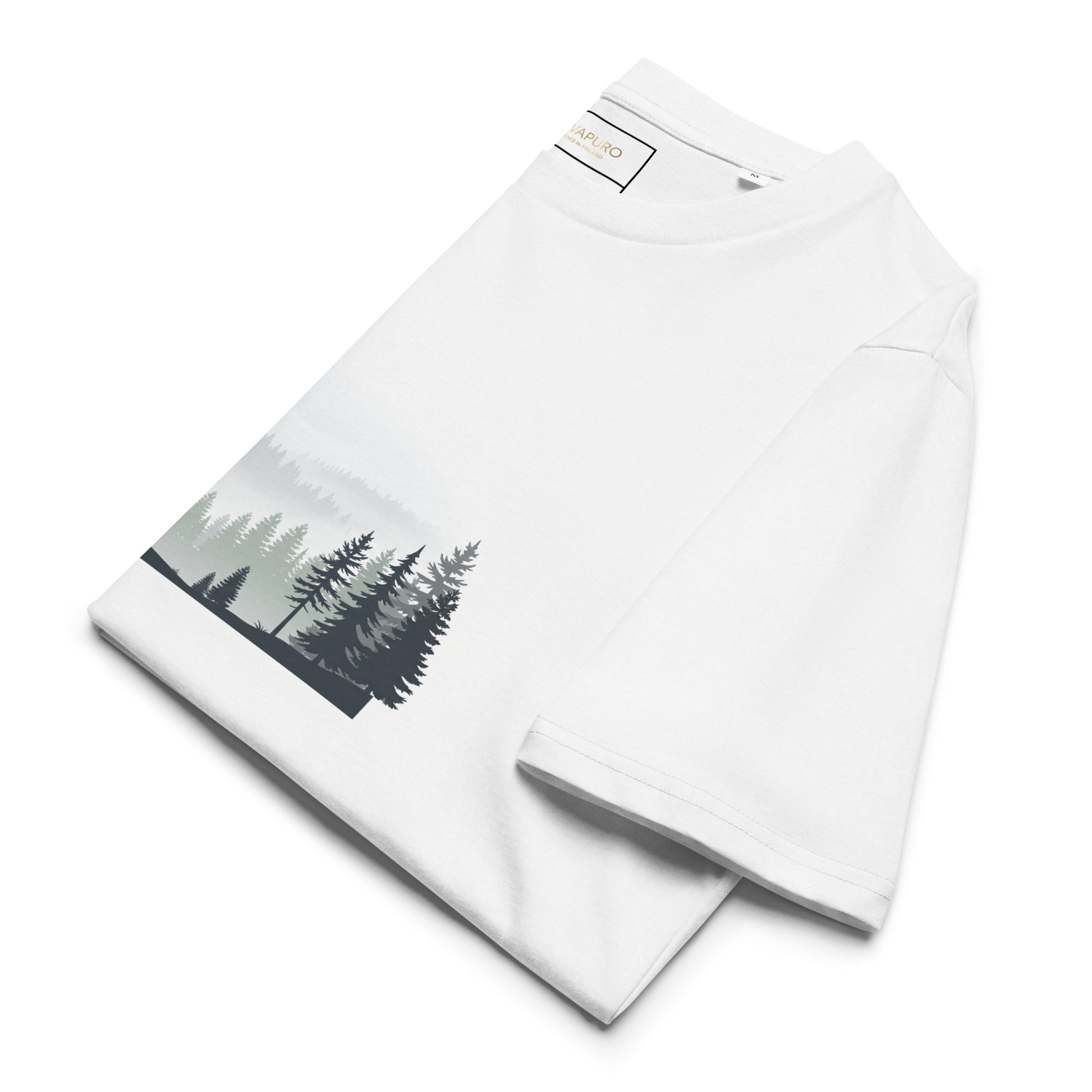 Folded white Novapuro Misty Pines eco-friendly t-shirt highlighting the minimalist forest print.