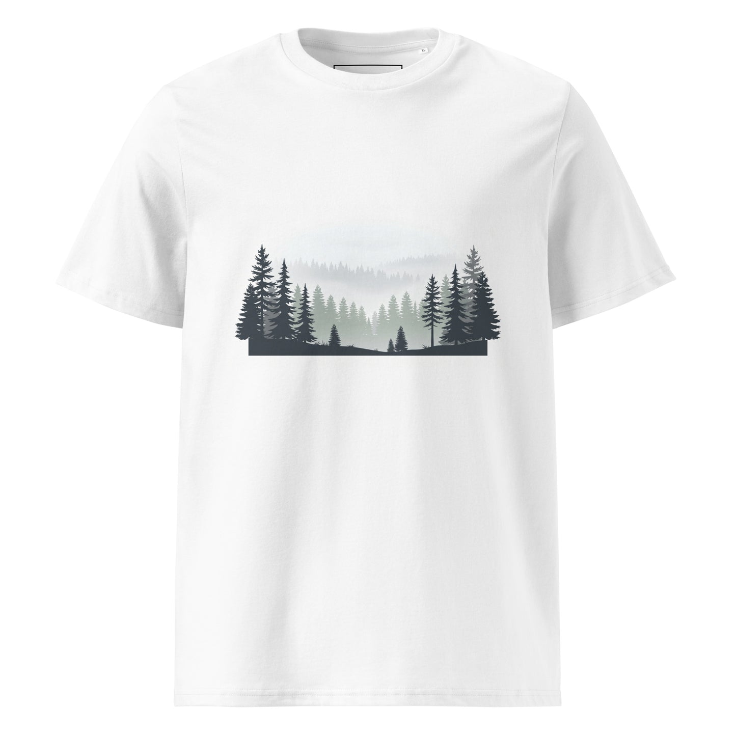 Minimalist Nordic pine forest silhouette graphic on a white eco-friendly organic cotton t-shirt by Novapuro.
