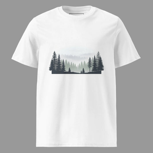 Minimalist Nordic pine forest silhouette graphic on a white eco-friendly organic cotton t-shirt by Novapuro.
