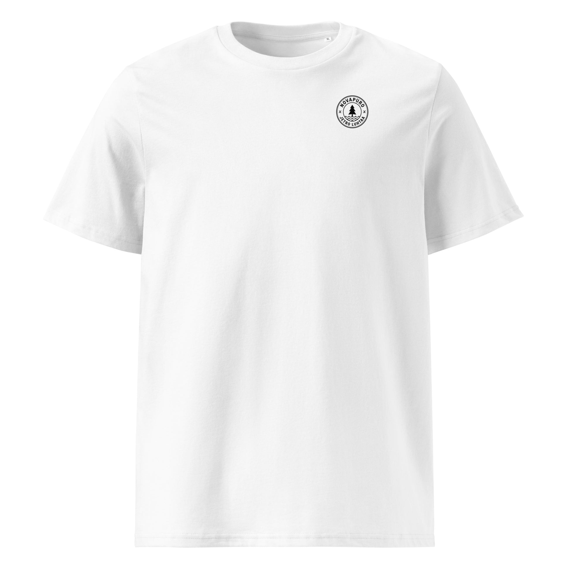 Front view of the eco-friendly white organic t-shirt from the Jetro Luhtaa nature collection.