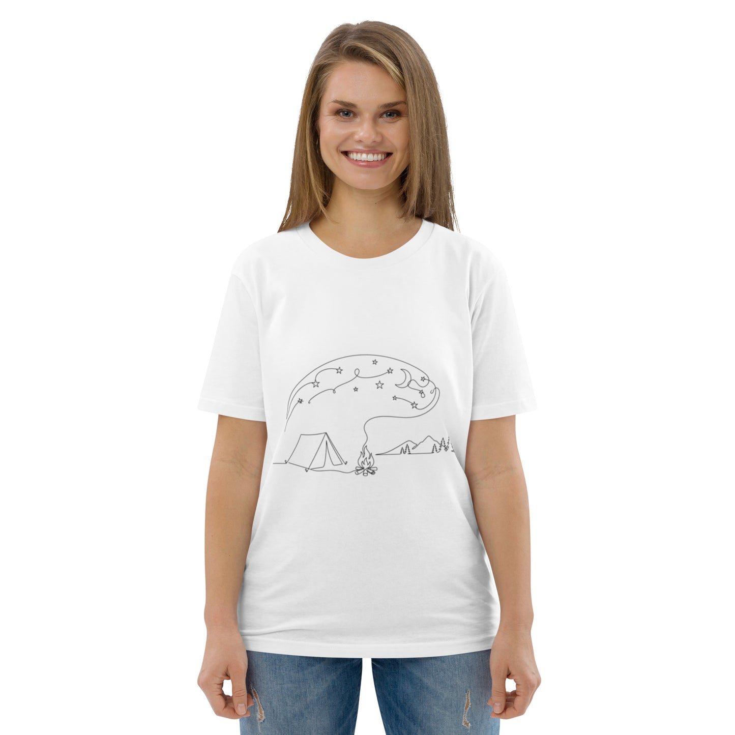 Find peace under the stars with the Novapuro Starry Night Campfire organic t-shirt. A premium, eco-friendly white tee featuring minimalist camping line art.