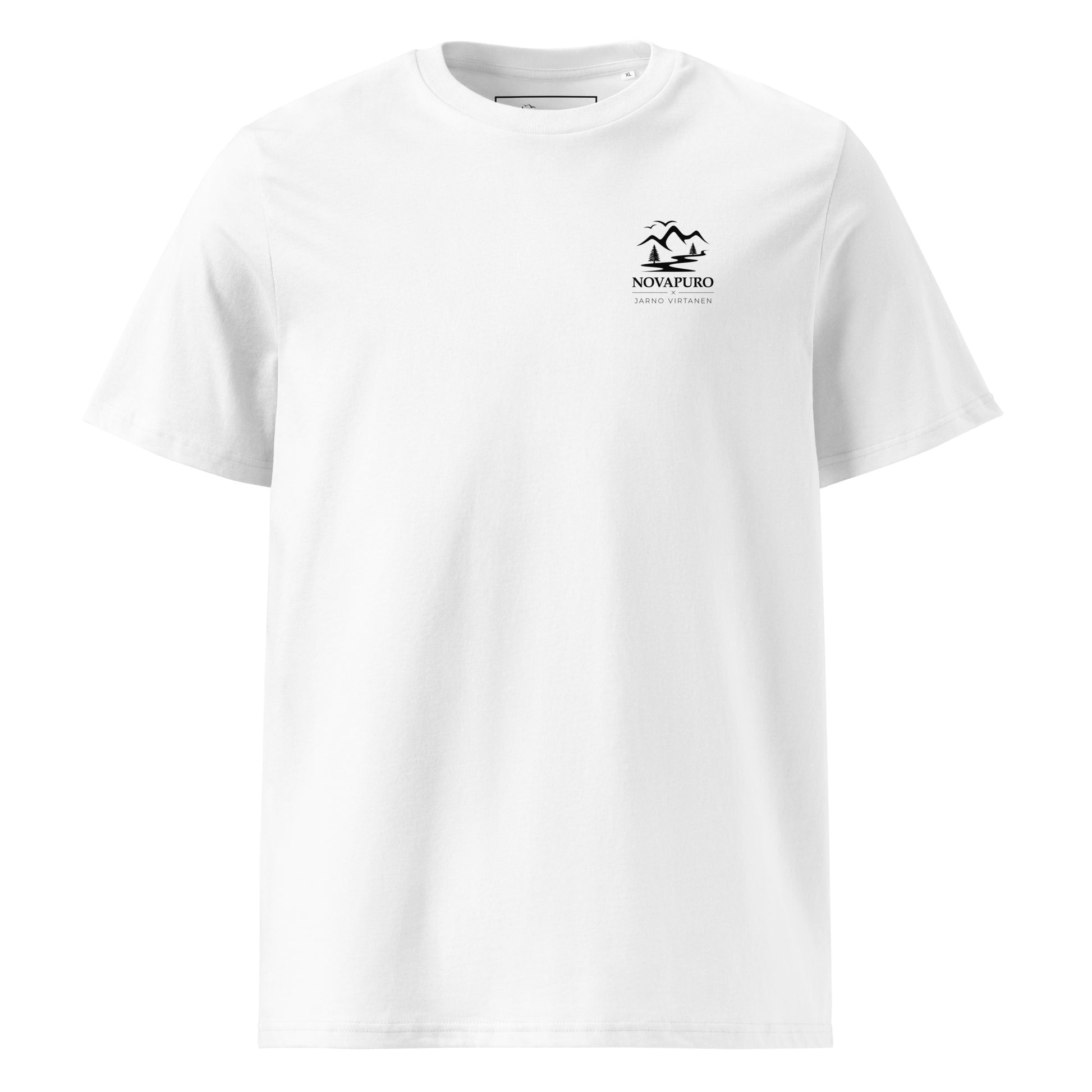Front view of the white Novapuro x Jarno Virtanen organic cotton eco t-shirt showing a subtle Nordic mountain emblem on the chest
