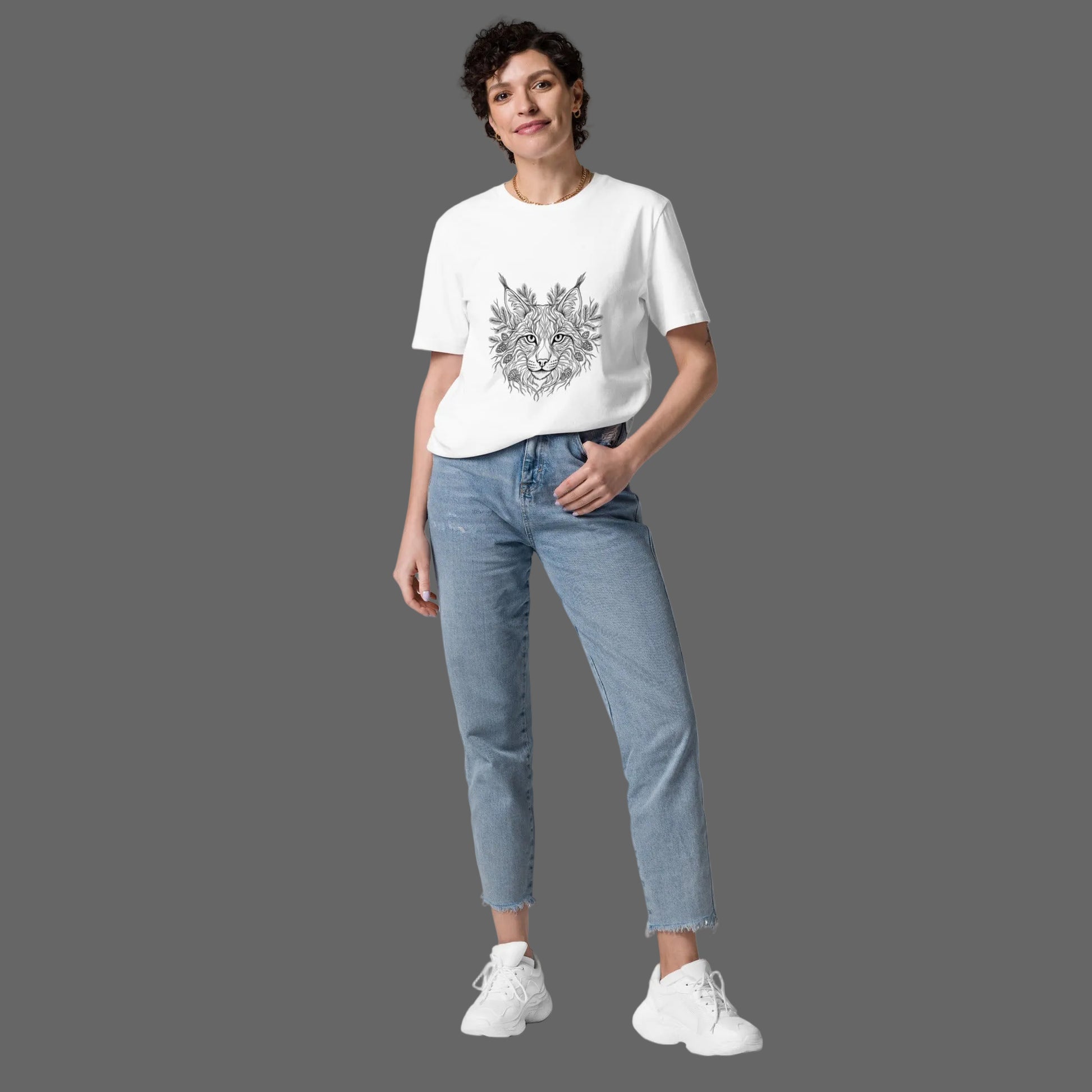 Lifestyle shot of a person wearing the sustainable Novapuro Nordic lynx organic cotton t-shirt, highlighting eco-friendly Scandinavian streetwear.