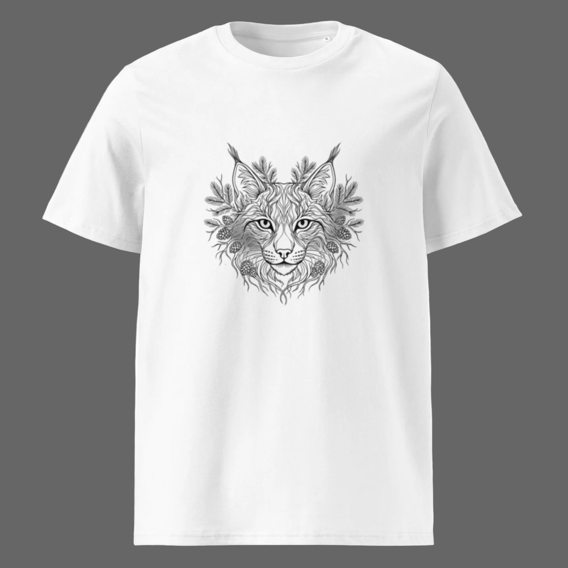 Front view of the minimalist organic cotton t-shirt featuring a detailed Nordic lynx graphic for comfortable everyday wear.